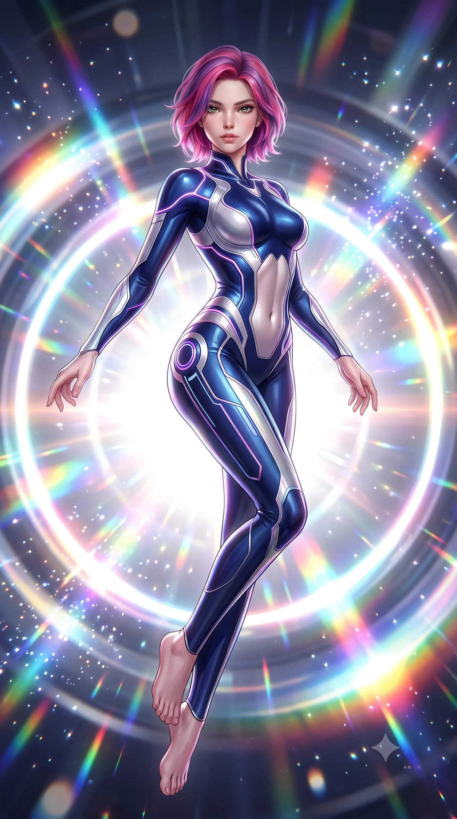 score_9, masterpiece, best quality, ultra-detailed, high-budget anime keyframe, semi-realistic 3D game render, editorial fashion photography, tasteful artistic composition, Caucasian woman. low angle full-body shot from head to toe showing her feet, filling the entire 9:16 vertical frame with her statuesque presence, stretching her vertical silhouette. pivoting dynamically in mid-motion with a breathtakingly alluring posture, displaying her flawless model proportions, toned flat midriff, and ultra-slim waist while floating in zero-gravity at the core of a starship warp engine as gigantic rotating magnetic rings emit dazzling prism light. The composition keeps background elements in soft focus with creamy bokeh. sparkling subatomic light particles scattering celestial brilliance across the background. She has an absolutely perfect, statuesque 8.5-heads proportion, an exceptionally tall and slender model-like female figure with impossibly long slender legs, a toned flat midriff, and an ultra-slim waist. sharp v-shaped jawline, high-bridge nose, intricate jewel-like eyes with depth, thick eyelashes, glossy lips with a natural sheen, flawlessly proportioned anatomical accuracy, strict slender model proportions, natural body alignment, perfectly sculpted long slender limbs, ultra-slim waistline, clean dynamic posture without body distortion. wearing a statuesque midnight cobalt and polished platinum bodysuit featuring sleek aerodynamic contour lines and glowing circuit accents in iridescent holographic chrome with prism violet highlights, crafted from delicate iridescent organza interwoven with luminescent micro-fibers, accented with glowing fiber-optic seams tracing her collarbones and hip curves, the form-contouring material adhering flawlessly to her sculpted flat midriff and slender torso, emphasizing her long leg lines and perfectly proportioned willowy build. bathed in brilliant white-hot warp core radiance and saturated rainbow particle prism refractions. rich saturated anime colors with glowing neon highlights, detailed shading with soft gradients, rich glossy textures, high-contrast stereoscopic depth, volumetric dynamic lighting, master piece, 9:16 ratio