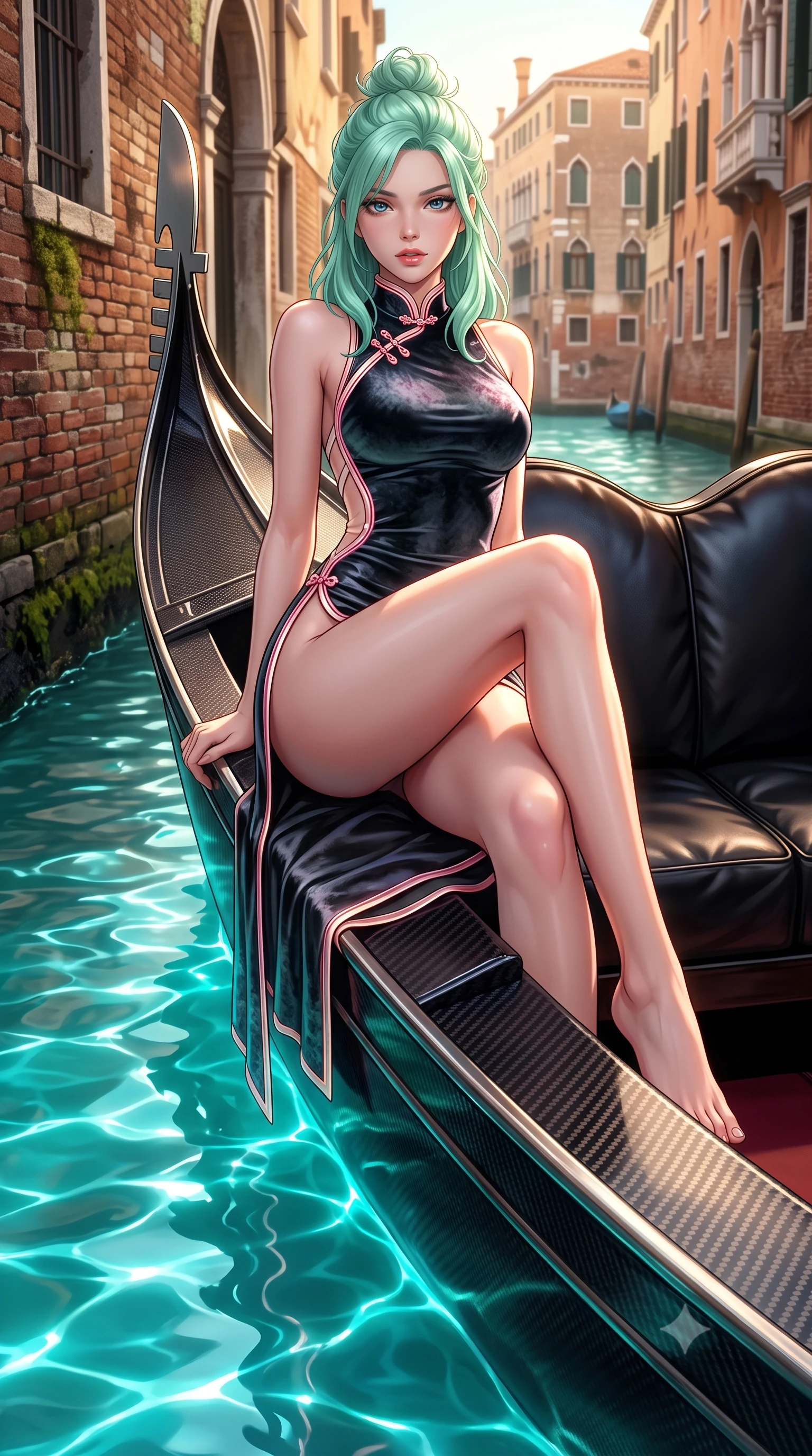 score_9, masterpiece, best quality, ultra-detailed, high-budget anime keyframe, semi-realistic 3D game render, editorial fashion photography, tasteful artistic composition, Japanese woman. low angle full-body shot from head to toe showing her feet, filling the entire 9:16 vertical frame with her statuesque presence, stretching her vertical silhouette. sitting perched on the elevated edge with hips angled toward the camera and legs crossed, displaying her toned midriff and flawlessly sculpted slender limbs while reclining across a black leather gondola lounge with one knee drawn up, glowing turquoise canal waters tracing the sensual contour of her feminine hips and flat midriff. The surrounding environment is rendered in vivid detail and crisp panoramic clarity. sharp canal waterline caustics, polished carbon-fiber gondola prow, and ancient brick wall moss in deep focus. She has an exceptionally tall and slender model-like 8.5-heads proportion, an ultra-slim waist, a flat toned midriff, narrow delicate ribcage, and beautifully sculpted feminine hips creating a graceful, slim hourglass silhouette without any bulky heaviness, with impossibly long slender legs. sharp v-shaped jawline, high-bridge nose, intricate jewel-like eyes with depth, thick eyelashes, glossy parted lips with a natural sheen, intensely captivating and seductive bedroom-eyes expression, flawlessly proportioned anatomical accuracy, strict slender model proportions, natural body alignment, perfectly sculpted long slender limbs, ultra-slim waistline, clean dynamic posture without body distortion. wearing a modernized cyber-qipao mini dress with an ultra-high side slit ascending to the hip and glowing piping in sakura blossom pink and warm ivory, crafted from heavyweight crushed silk velvet with liquid vintage luster, finished with criss-cross back satin straps highlighting her graceful shoulder blades, the second-skin form-contouring cut accentuating her sculpted flat midriff, narrow delicate ribcage, and gracefully curvy hips with supermodel precision. illuminated by shimmering water surface specular reflections accentuating her sculpted midriff, narrow waist, and curvy hips. highly saturated vibrant anime colors, detailed shading with soft gradients, rich glossy textures, high-contrast stereoscopic depth, volumetric dynamic lighting, master piece, 9:16 ratio