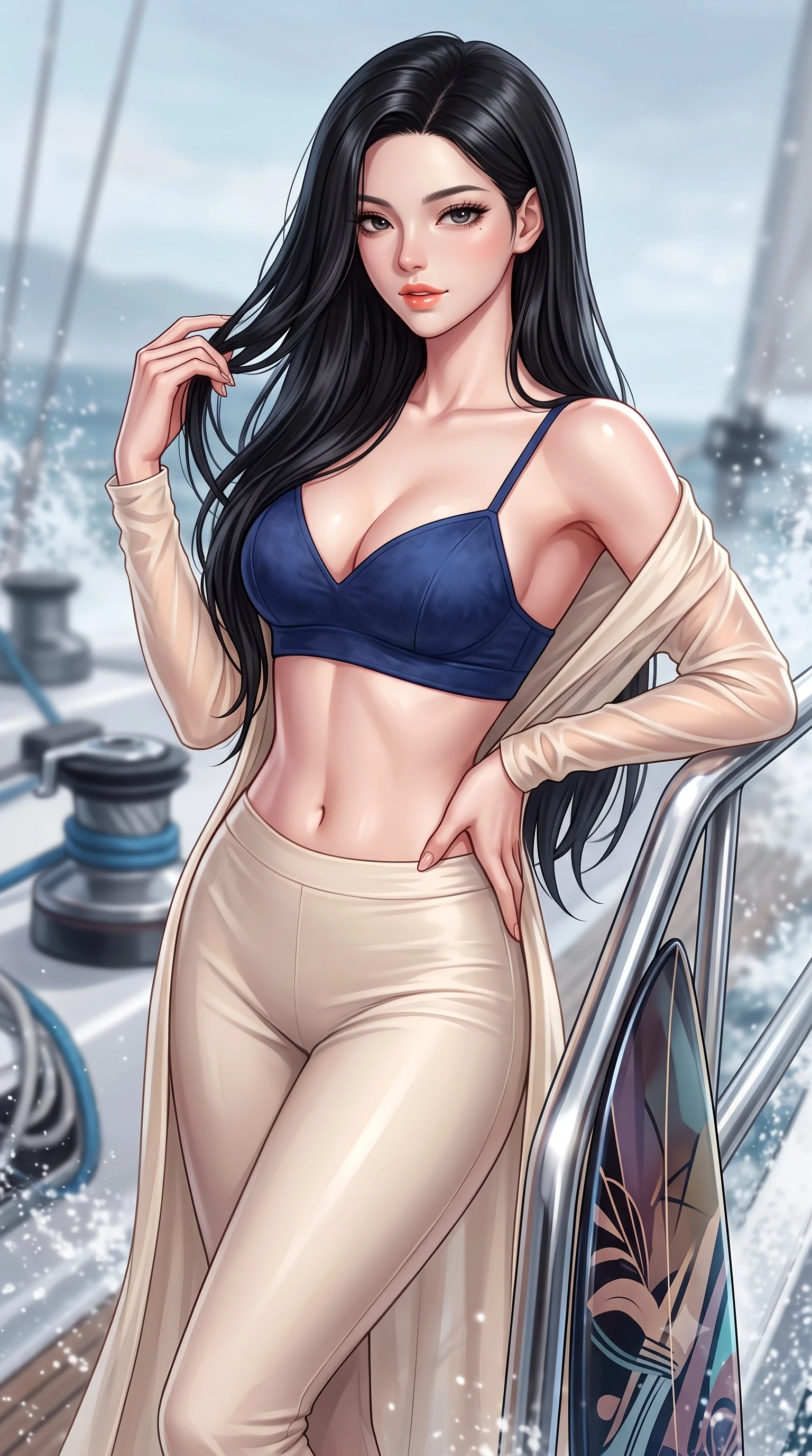 score_9, masterpiece, best quality, ultra-detailed, high-budget anime keyframe, semi-realistic 3D game render, editorial fashion photography, tasteful artistic composition, Korean woman. close-up cowboy shot from the waist and thighs up, the character dominates the composition, filling the frame with her large presence. twisting her slender torso in an alluring contrapposto stance, one hand resting on her sculpted hip while her fingers toy with her hair with effortless poise while leaning against the yacht stainless steel pulpit railing with hips cocked back, looking into the lens with an irresistible bedroom-gaze. The background shows a soft-focus racing yacht halyard winches softened in high-seas nautical shallow focus. She has an exceptionally elegant, slender, and willowy female figure with an ultra-slim waist, flat toned midriff, narrow ribcage, and sculpted feminine hips creating an alluring, slim hourglass silhouette without bulk. sharp v-shaped jawline, high-bridge nose, sparkling eyes with hypnotic seductive depth, thick curled eyelashes, glossy parted lips with a natural dewy peach sheen, alluring bedroom-eyes with an enchanting coquettish smile, exuding magnetic siren charisma and sophisticated glamour, flawlessly proportioned anatomical accuracy, strict slender model proportions, natural body alignment, perfectly sculpted long slender limbs, ultra-slim waistline, clean dynamic posture without body distortion. wearing a delicate sheer chiffon western duster robe slipping off bare shoulders over a matching strappy suede bralette in French Riviera navy blue and warm champagne ivory, crafted from smooth liquid-tight stretch jersey emphasizing every curve of her body, accented with a custom high-gloss tinted surfboard held lightly with one hand, the liquid-tight tailored fabric clinging flawlessly to her narrow waist and rounded feminine hips, emphasizing every millimeter of her sculpted slim hourglass curves without any bulky heaviness. illuminated by sea spray bounce and sharp platinum rim lights defining her delicate clavicles, ultra-slim waist, and curvy hips. highly saturated vibrant anime colors, detailed shading with soft gradients, rich glossy textures, high-contrast stereoscopic depth, volumetric dynamic lighting, master piece, 9:16 ratio