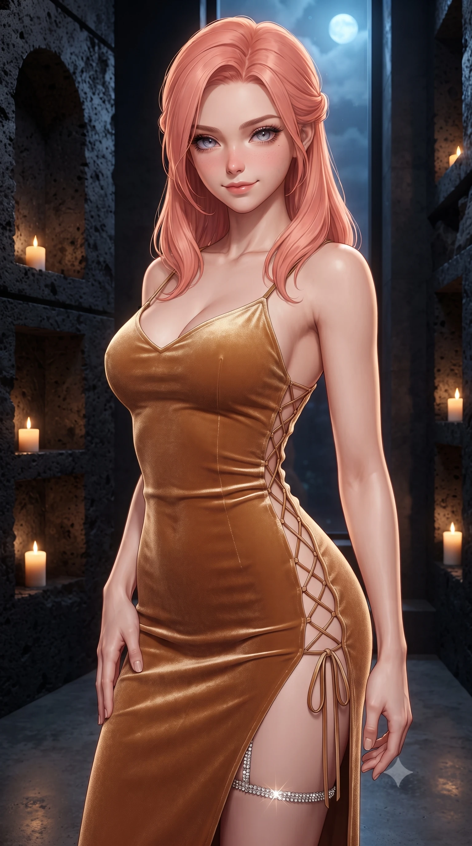 score_9, masterpiece, best quality, ultra-detailed, high-budget anime keyframe, editorial fashion photography, tasteful artistic composition, Japanese woman. close-up cowboy shot from the waist and thighs up, the character dominates the composition, filling the frame with her large presence. tilting her head with a teasing half-smile, running one hand slowly down the side of her hip in a flirtatious S-curve as ambient light caresses her silhouette while twisting her slender torso in an alluring contrapposto stance beside the candlelit stone niches, warm flickering light caressing her flat midriff. The surrounding environment is rendered in vivid detail and crisp panoramic clarity: sharp porous black basalt rock textures, carved wall alcove relief, and polished concrete floor in deep focus. She has an exceptionally elegant, slender, and willowy female figure with an ultra-slim waist, flat toned midriff, narrow ribcage, and sculpted feminine hips creating an alluring, slim hourglass silhouette without bulk. sharp v-shaped jawline, high-bridge nose, intricate jewel-like sparkling eyes with depth, thick eyelashes, glossy parted lips with a natural peach sheen, bright cheerful beaming smile with an enchanting and coquettish sensual glint, exuding both youthful cute charm and seductive allure, flawlessly proportioned anatomical accuracy, strict slender model proportions, natural body alignment, perfectly sculpted long slender limbs, ultra-slim waistline, clean dynamic posture without body distortion. wearing a form-contouring sheer gossamer slip dress with side lace-up ties revealing glimpses of her hip curve in Engadin warm honey cognac and rich cashmere cream, tailored from ultra-plush silk velvet with rich tactile depth and deep shadow gradients, finished with delicate crystal-encrusted thigh garter straps glinting in the dim light, the liquid-tight tailored fabric clinging flawlessly to her narrow waist and rounded feminine hips, emphasizing every millimeter of her sculpted slim hourglass curves without any bulky heaviness. bathed in the intimate warm 2300K candlelight radiating from stone niches mixed with cool blue moonlight through glass. ultra-reflective glossy finish, specular highlights, rich textural contrasts, high-contrast stereoscopic depth, volumetric dynamic lighting, 2k, ultra detail, master piece, 9:16 ratio