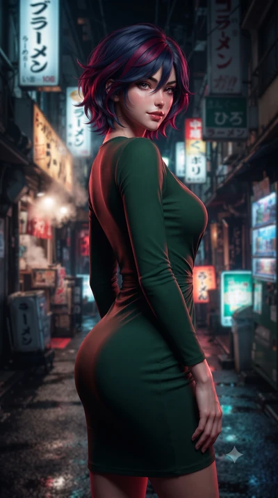 score_9, masterpiece, best quality, ultra-detailed, high-budget anime keyframe, editorial fashion photography, tasteful artistic composition, Korean woman. close-up cowboy shot from the waist and thighs up, the character dominates the composition, fi