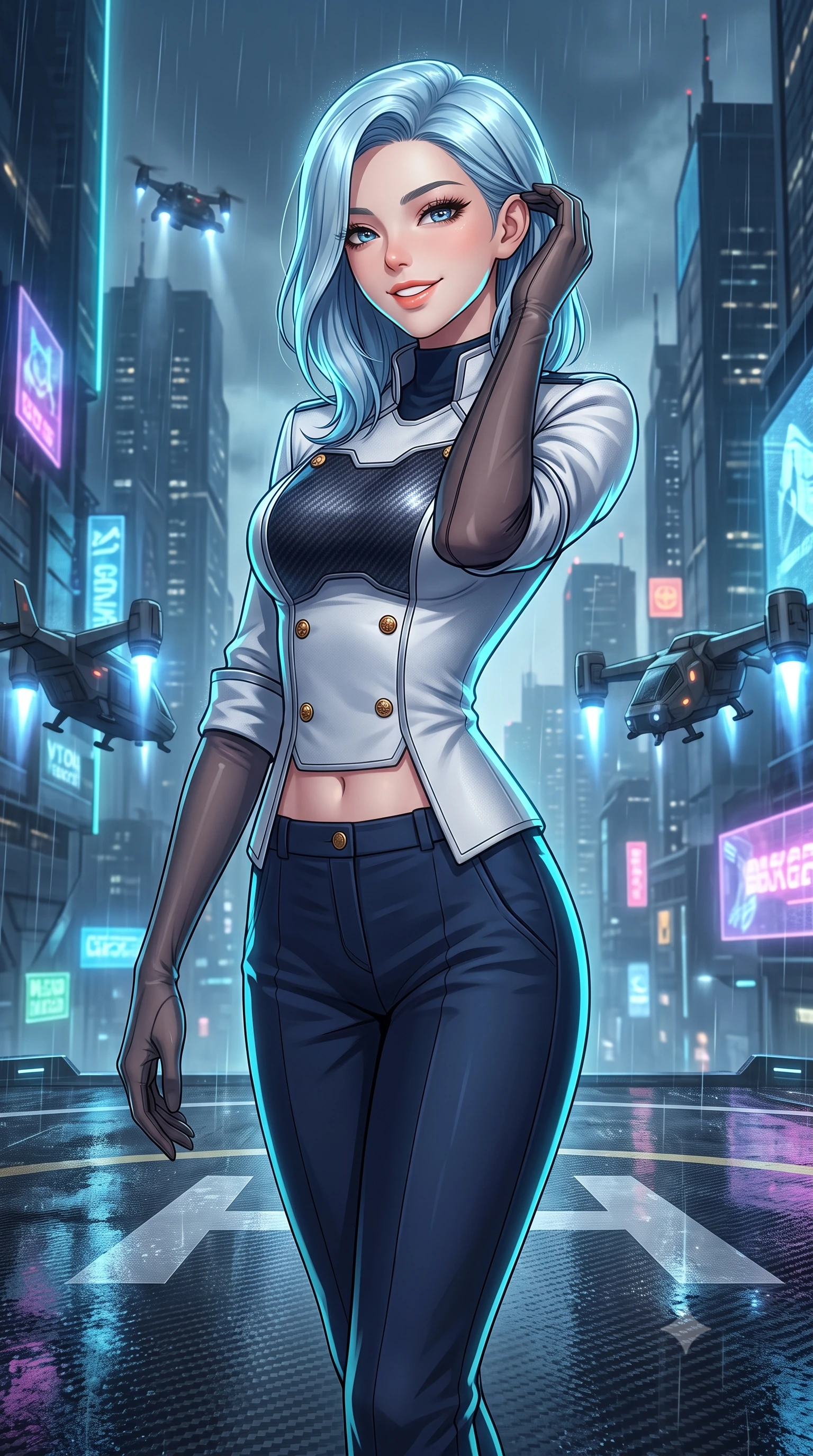 score_9, masterpiece, best quality, ultra-detailed, high-budget anime keyframe, semi-realistic 3D game render, editorial fashion photography, tasteful artistic composition, Korean woman. close-up cowboy shot from the waist and thighs up, the character dominates the composition, filling the frame with her large presence. gently brushing a lock of hair behind her ear while casting a playful, flirtatious side-gaze with long eyelashes while standing poised on the rain-washed carbon-fiber helipad atop the vertical mega-citadel, arching her lower back with commanding anime warrior charisma as tactical VTOL transports hover nearby. The surrounding environment is rendered in vivid detail and crisp panoramic clarity: detailed tactical combat coat, crisp anime linework, and dense futuristic megalopolis architecture in high resolution. She has an exceptionally elegant, slender, and willowy female figure with an ultra-slim waist, flat toned midriff, narrow ribcage, and sculpted feminine hips creating an alluring, slim hourglass silhouette without bulk. sharp v-shaped jawline, high-bridge nose, intricate jewel-like sparkling eyes with depth, thick eyelashes, glossy parted lips with a natural peach sheen, bright cheerful beaming smile with an enchanting and coquettish sensual glint, exuding both youthful cute charm and seductive allure, flawlessly proportioned anatomical accuracy, strict slender model proportions, natural body alignment, perfectly sculpted long slender limbs, ultra-slim waistline, clean dynamic posture without body distortion. wearing a structured cyber-infantry dress uniform jacket with carbon-fiber chest plating and brass buttons over a mock-neck top and tailored wool trousers in pristine orbital navy white and silver starlight, crafted from bespoke double-faced cashmere with an exceptionally soft tactile finish, complemented by sheer opera-length evening gloves tracing her slender arms, the bespoke structured tailoring following the natural line of her 8.5-heads silhouette with refined elegance. illuminated by wet pavement reflection bounce and sharp laser-cyan rim lights defining her jawline, narrow waist, and curvy hips. highly saturated vibrant anime colors, detailed shading with soft gradients, rich glossy textures, high-contrast stereoscopic depth, volumetric dynamic lighting, master piece, 9:16 ratio