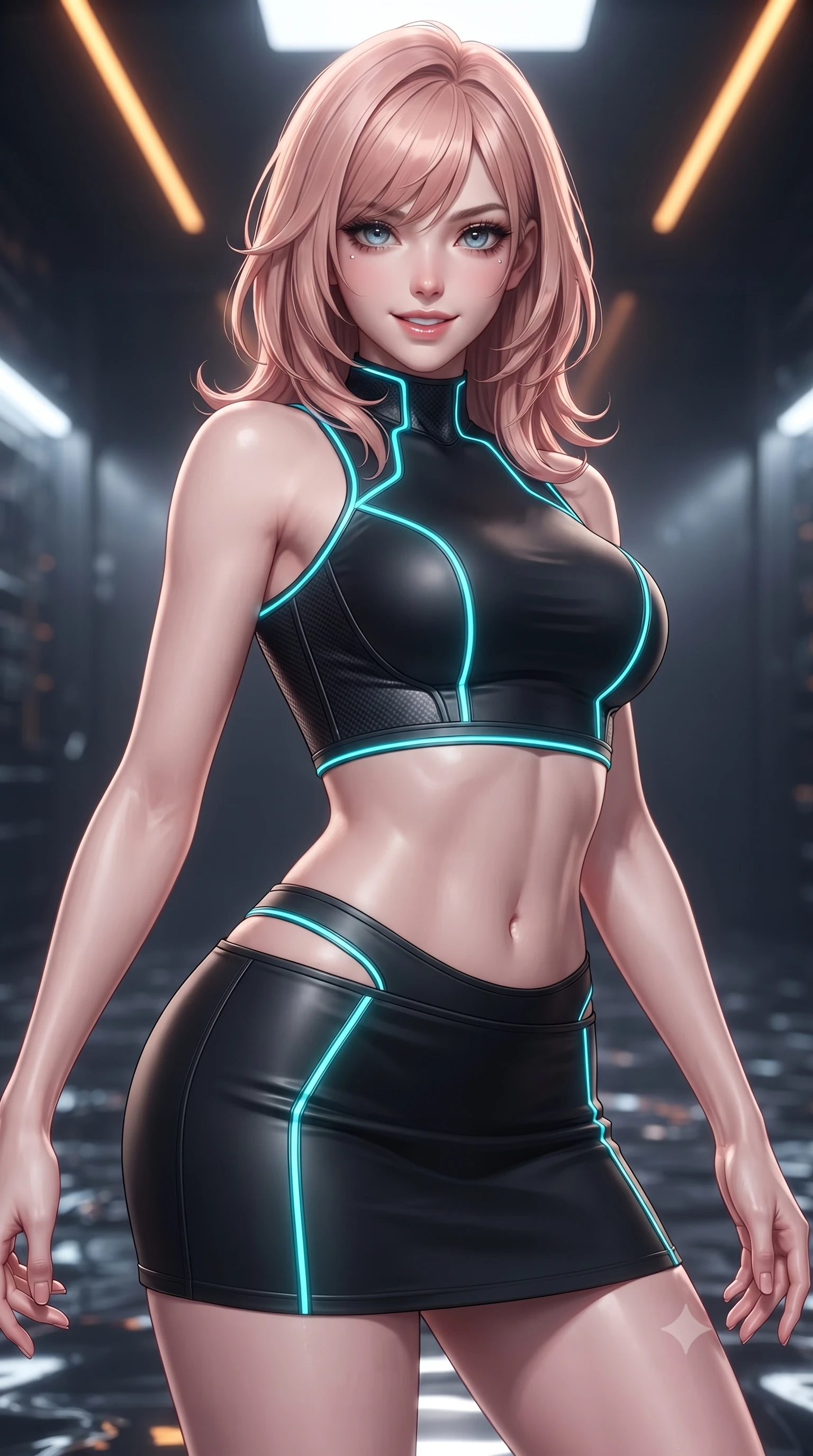 score_9, masterpiece, best quality, ultra-detailed, high-budget anime keyframe, editorial fashion photography, tasteful artistic composition, Japanese woman. close-up cowboy shot from the waist and thighs up, the character dominates the composition, filling the frame with her large presence. turning slowly with a smoldering smile, her sleek hair catching the cockpit HUD rim light as her hips angle gracefully in a captivating contrapposto while twisting her slender torso in an alluring contrapposto stance, shifting liquid chrome waves reflecting her narrow waist and curvy hips. The surrounding environment is rendered in vivid detail and crisp panoramic clarity: sharp liquid metal surface tension ripples, brushed titanium tank edges, and circuit board trace clarity in deep focus. She has an exceptionally elegant, slender, and willowy female figure with an ultra-slim waist, flat toned midriff, narrow ribcage, and sculpted feminine hips creating an alluring, slim hourglass silhouette without bulk. sharp v-shaped jawline, high-bridge nose, intricate jewel-like sparkling eyes with depth, thick eyelashes, glossy parted lips with a natural sheen, bright confident smile with an enchanting and coquettish sensual glint, exuding both youthful magnetic charm and sovereign high-tech allure, flawlessly proportioned anatomical accuracy, strict slender model proportions, natural body alignment, perfectly sculpted long slender limbs, ultra-slim waistline, clean dynamic posture without body distortion. wearing a body-hugging modern carbon-alloy crop top paired with a low-rise tactical skirt and a subtle waist cut-out in matte obsidian black and glowing neon cyan trim, made of supple second-skin compression stretch jersey clinging flawlessly to her form, finished with delicate carbon-fiber boning framing the narrow waistline, the form-fitting tactical tailoring adhering flawlessly to her sculpted flat midriff and slender torso, emphasizing her long leg lines and perfectly proportioned willowy build. illuminated by overhead amber laser guides and sharp chrome rim lights sculpting her razor-sharp jawline, narrow waist, and curvy hips. ultra-reflective glossy finish, specular highlights, rich textural contrasts, high-contrast stereoscopic depth, volumetric dynamic lighting, 2k, ultra detail, master piece, 9:16 ratio