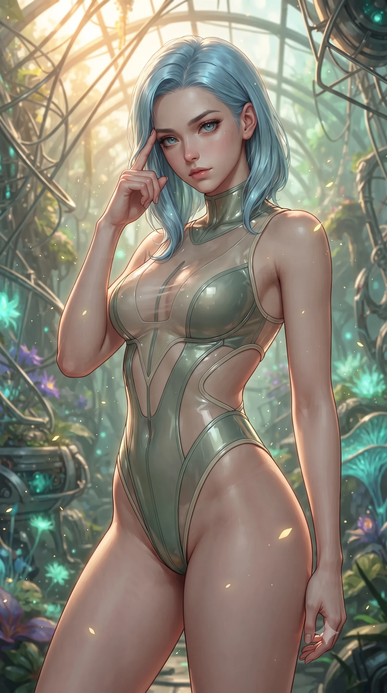 score_9, masterpiece, best quality, ultra-detailed, high-budget anime keyframe, editorial fashion photography, tasteful artistic composition, Korean woman. close-up cowboy shot from the waist and thighs up, the character dominates the composition, filling the frame with her large presence, background elements kept in soft focus. Pressing two fingers to her temple in a composed thoughtful gesture with an air of magnetic charisma forging through an overgrown greenhouse filled with platinum wire lattices, glowing pollen particles drifting gracefully around her form. She has an exceptionally elegant, slender, and willowy female figure with an ultra-slim waist, a gracefully sculpted slender torso, and a refined silhouette. sharp v-shaped jawline, high-bridge nose, intricate jewel-like eyes with depth, thick eyelashes, glossy lips with a natural sheen. wearing a high-cut translucent vinyl leotard with front paneling and open back in sage green and oatmeal, woven from fine semi-opaque sheer organza, featuring clean architectural cutouts along her slender torso, the glove-like fit emphasizing her statuesque silhouette. bathed in warm golden sunlight and soft emerald bioluminescent glow. ultra-reflective glossy finish, specular highlights, metallic sheen, high-contrast stereoscopic depth, volumetric dynamic lighting, 2k, ultra detail, master piece, 9:16 ratio