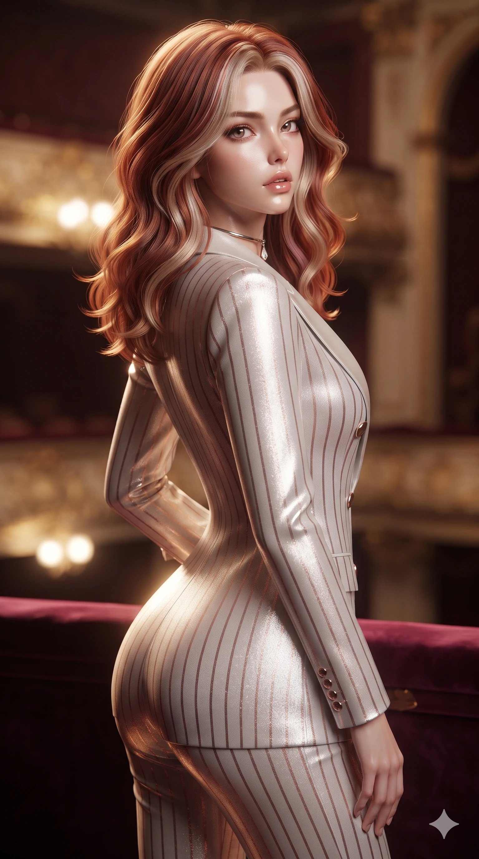score_9, masterpiece, best quality, ultra-detailed, high-budget anime keyframe, editorial fashion photography, tasteful artistic composition, Caucasian woman. close-up cowboy shot from the waist and thighs up, the character dominates the composition, filling the frame with her large presence. posing in an alluring rear three-quarter angle, looking over a bare shoulder with parted glossy lips, her hips cocked back to highlight her slim hourglass curve while twisting her slender torso in an alluring S-curve, glowing stage footlights from below tracing her flat midriff and hourglass curves. The background shows a soft-focus romantic opera house atmosphere softened in private royal loge shallow focus. She has an exceptionally elegant, slender, and willowy female figure with an ultra-slim waist, flat toned midriff, narrow ribcage, and sculpted feminine hips creating an alluring, slim hourglass silhouette without bulk. sharp v-shaped jawline, high-bridge nose, intricate jewel-like sparkling eyes with depth, thick eyelashes, glossy parted lips with a natural sheen, intensely captivating and seductive bedroom-eyes expression, exuding both youthful cute charm and sovereign luxury allure, flawlessly proportioned anatomical accuracy, strict slender model proportions, natural body alignment, perfectly sculpted long slender limbs, ultra-slim waistline, clean dynamic posture without body distortion. wearing a tailored double-breasted tuxedo evening dress with structured satin lapels and metallic pinstripes in celestial porcelain white and rose-gold, crafted from luxurious metallic lamé that shifts radiance with every step, finished with a minimalist chrome choker and a single teardrop diamond pendant, the bespoke structured tailoring following the natural line of her 8.5-heads silhouette with refined elegance. illuminated by velvet railing bounce and sharp gold-crimson rim lights defining her razor-sharp jawline, narrow waist, and curvy hips. ultra-reflective glossy finish, specular highlights, rich textural contrasts, high-contrast stereoscopic depth, volumetric dynamic lighting, 2k, ultra detail, master piece, 9:16 ratio