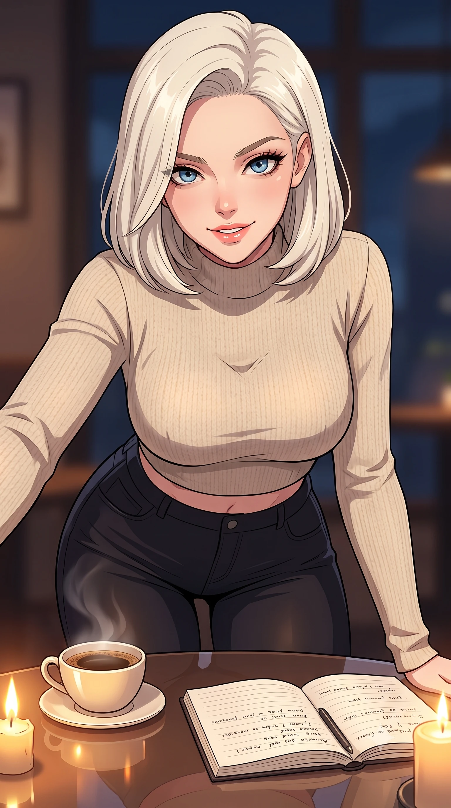 score_9, masterpiece, best quality, ultra-detailed, high-budget anime keyframe, tasteful artistic composition, Caucasian woman. close-up cowboy shot from the waist and thighs up, the character dominates the composition, filling the frame with her large presence, background elements kept in soft focus. leaning slightly forward with a playful, teasing smile, her gaze locked onto the viewer the background shows a soft-focus a quiet cafe corner at midnight with a warm cup of coffee and an open notebook. She has an exceptionally elegant, slender, and willowy female figure with an ultra-slim waist, a gracefully sculpted slender torso, and a refined silhouette. sharp v-shaped jawline, high-bridge nose, intricate jewel-like eyes with depth, thick eyelashes, glossy lips with a natural sheen. wearing a body-hugging tight-fitting crop sweater in oatmeal wool, paired with high-waisted form-fitting pants. warm flickering candlelight reflecting off the glossy table surface. highly saturated vibrant anime colors, cel-shading, 2d style, master piece, 9:16 ratio