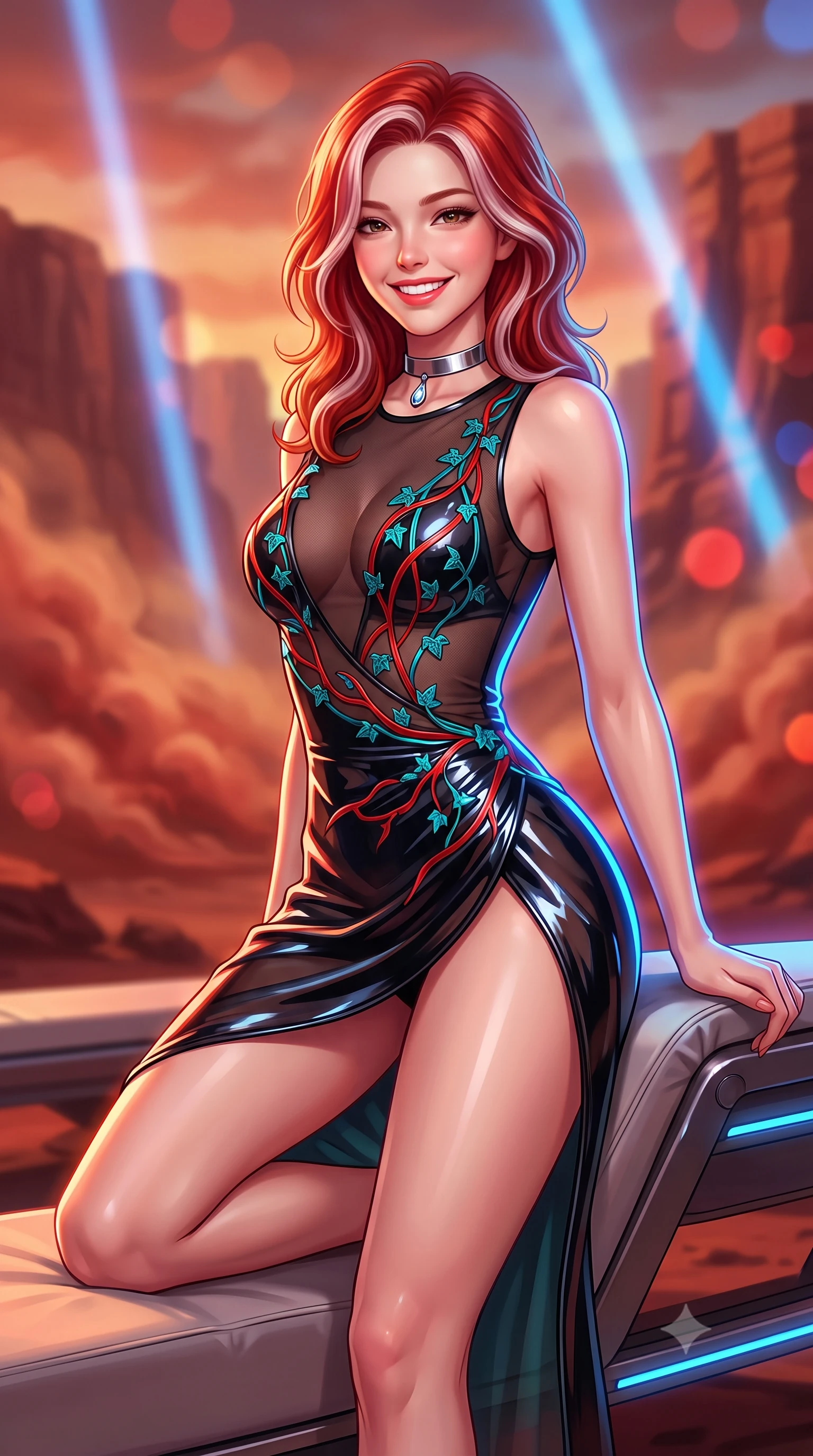 score_9, masterpiece, best quality, ultra-detailed, high-budget anime keyframe, semi-realistic 3D game render, editorial fashion photography, tasteful artistic composition, Caucasian woman. close-up cowboy shot from the waist and thighs up, the character dominates the composition, filling the frame with her large presence. perched sideways on the lounge seat, one knee drawn up to showcase her slender leg line while her arched back accentuates her feminine hip curve while twisting her slender torso in an alluring contrapposto stance, terracotta sunset light and blue laser beams tracing her narrow waist and curvy hips. The background shows a soft-focus swirling red and ochre Martian dust clouds, towering canyon cliff strata, and giant blue atmospheric laser beams blurred into terracotta, crimson, and cobalt bokeh. She has an exceptionally elegant, slender, and willowy female figure with an ultra-slim waist, flat toned midriff, narrow ribcage, and sculpted feminine hips creating an alluring, slim hourglass silhouette without bulk. sharp v-shaped jawline, high-bridge nose, intricate jewel-like sparkling eyes with depth, thick eyelashes, glossy parted lips with a natural peach sheen, bright cheerful beaming smile with an enchanting and coquettish sensual glint, exuding both youthful cute charm and seductive allure, flawlessly proportioned anatomical accuracy, strict slender model proportions, natural body alignment, perfectly sculpted long slender limbs, ultra-slim waistline, clean dynamic posture without body distortion. wearing a provocative sheer noir illusion mesh combat dress with embroidered climbing metallic ivy ribbons contouring her curves in cyber-shinto vermilion and laser turquoise, tailored from high-gloss patent leather with mirror-like specular highlights, finished with a minimalist chrome choker and a single teardrop diamond pendant, the high-slit wrap tailoring accentuating her ultra-slim waistline and the enchanting curve of her feminine hips with alluring seductive charm. illuminated by red sand reflection bounce and sharp cobalt-blue laser rim lights sculpting her jawline, narrow waist, and curvy hips. highly saturated vibrant anime colors, detailed shading with soft gradients, rich glossy textures, high-contrast stereoscopic depth, volumetric dynamic lighting, master piece, 9:16 ratio