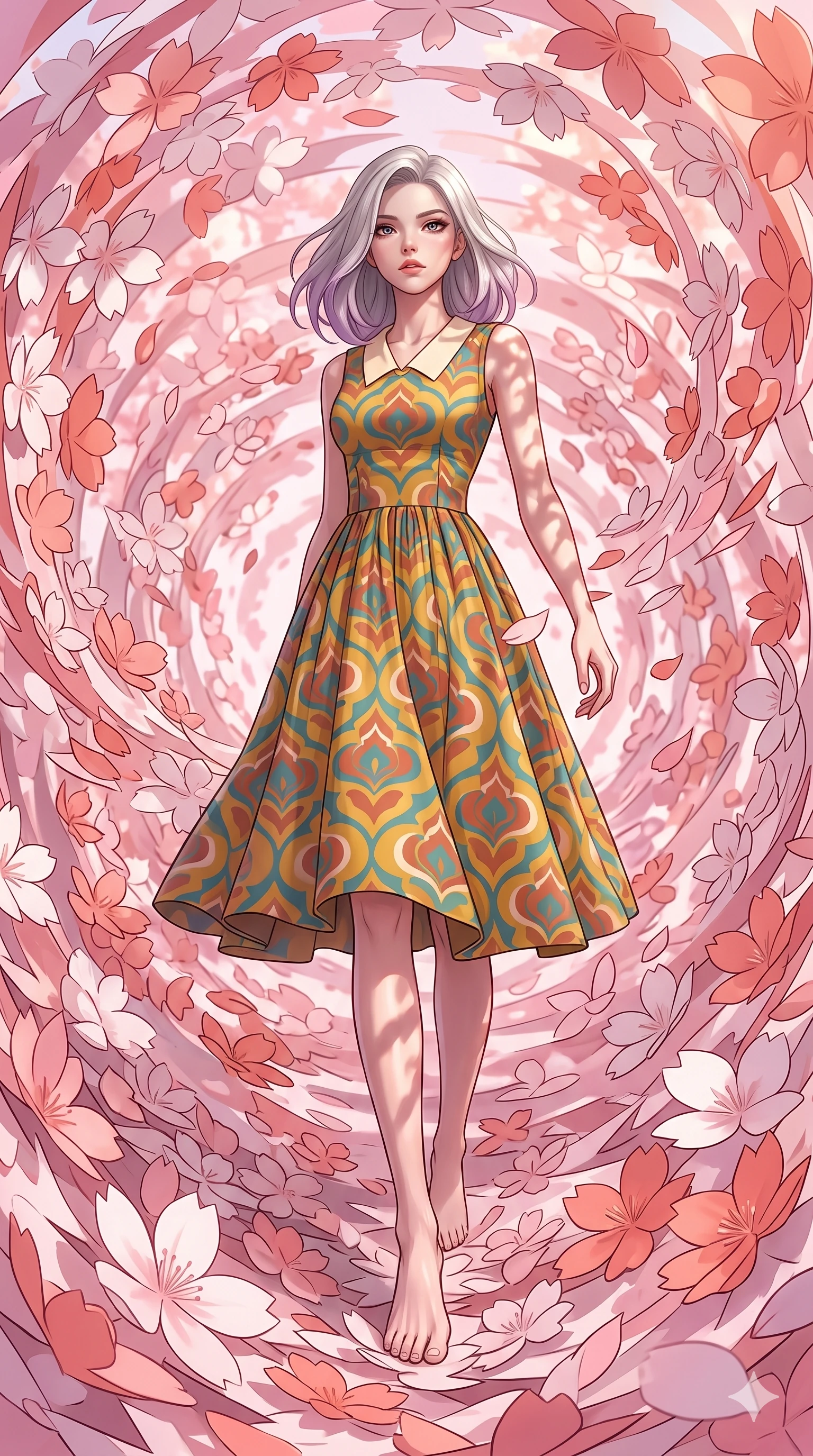 score_9, masterpiece, best quality, ultra-detailed, high-budget anime keyframe, editorial fashion photography, tasteful artistic composition, Caucasian woman, strictly human ears. low angle full-body shot from head to toe showing her feet, filling the entire 9:16 vertical frame with her statuesque presence, stretching her vertical silhouette. threading her way through caught in a magnificent whirlwind of thousands of paper cherry blossoms that continuously unfold and refold in kaleidoscopic motion creating spiraling patterns of pink white and coral paper petals. She has a statuesque 8.5-heads proportion, an exceptionally tall, slender and willowy model-like build with impossibly long legs and a highly sculpted ultra-slim waist. sharp v-shaped jawline, high-bridge nose, intricate jewel-like eyes with depth, thick eyelashes, glossy lips with a natural sheen. wearing a vintage-inspired tea-length dress in a vibrant retro pattern of mustard, teal, and terracotta, featuring a neat cream collar. warm spring sunlight filtering through the paper petals creating a soft pink-tinted glow with dappled shadows that dance and shift constantly. 2k, ultra detail, master piece, 9:16 ratio
