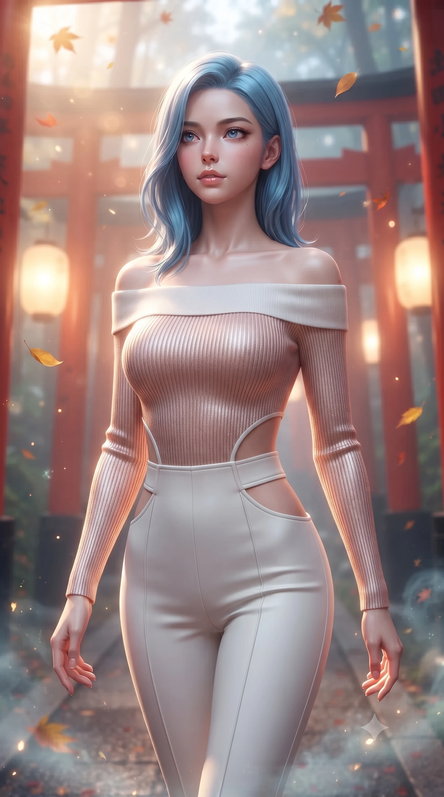 score_9, masterpiece, best quality, ultra-detailed, high-budget anime keyframe, editorial fashion photography, tasteful artistic composition, Korean woman. close-up cowboy shot from the waist and thighs up, the character dominates the composition, filling the frame with her large presence, background elements kept in soft focus. Gazing past the camera with an air of effortless elegance and mysterious confidence walking along a pathway lined with thousands of red torii gates in a misty forest, floating autumn leaves and glowing mist motes adding serene magic. She has an exceptionally elegant, slender, and willowy female figure with an ultra-slim waist, a gracefully sculpted slender torso, and a refined silhouette. sharp v-shaped jawline, high-bridge nose, intricate jewel-like eyes with depth, thick eyelashes, glossy lips with a natural sheen. wearing a sleek off-shoulder ribbed knit top paired with high-waist tailored pants in pearl white and rose gold, formed from sleek second-skin neoprene, featuring clean architectural cutouts along her slender torso, the elegant draped fit framing her graceful clavicle and slender torso. illuminated by soft glowing paper lantern light and warm sunbursts. highly saturated vibrant anime colors, detailed shading with soft gradients, rich glossy textures, high-contrast stereoscopic depth, volumetric dynamic lighting, master piece, 9:16 ratio