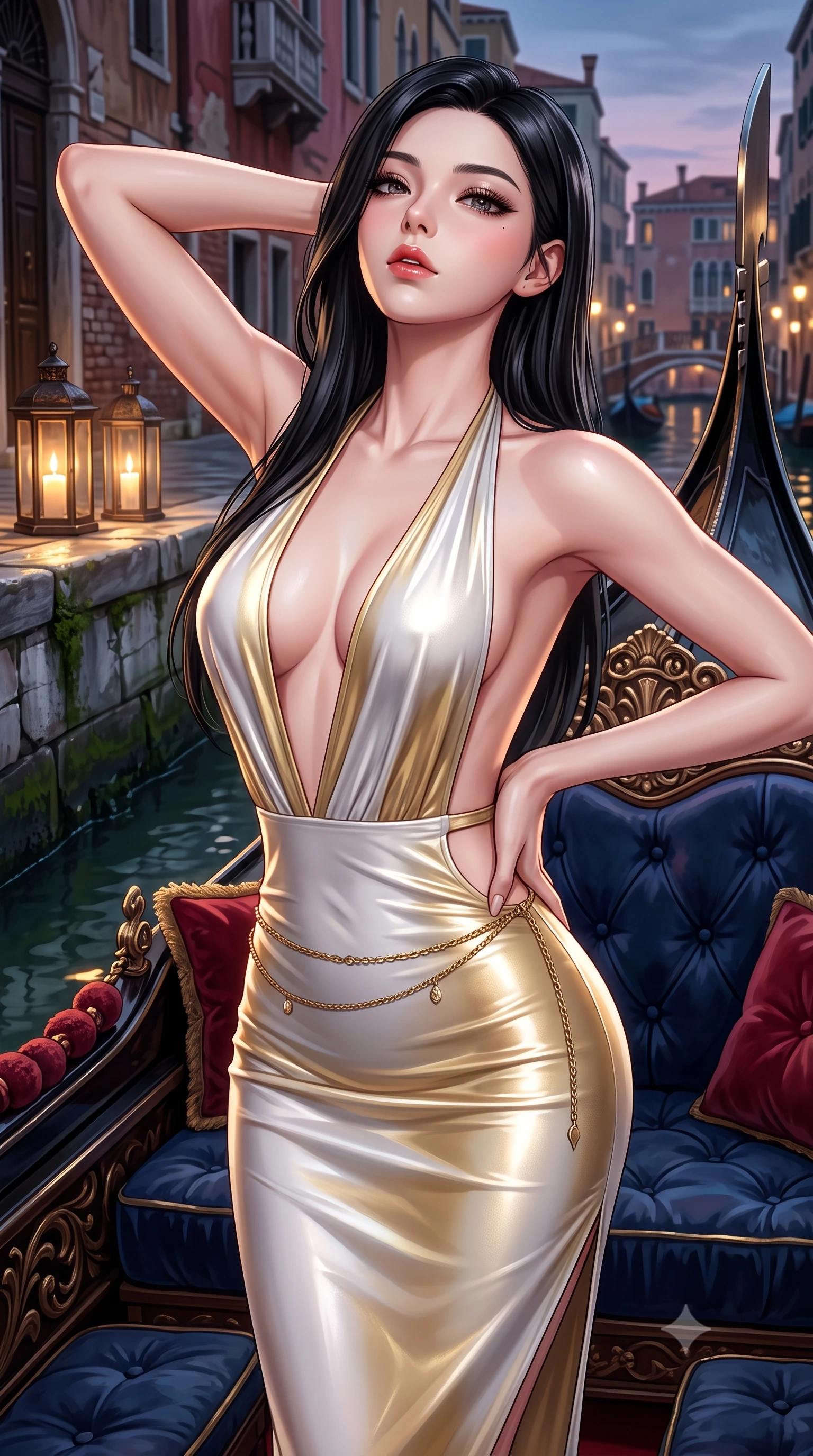 score_9, masterpiece, best quality, ultra-detailed, high-budget anime keyframe, semi-realistic 3D game render, editorial fashion photography, tasteful artistic composition, Korean woman. close-up cowboy shot from the waist and thighs up, the character dominates the composition, filling the frame with her large presence. tilting her chin up with proud, sovereign allure while gazing through thick eyelashes, one hand resting on her waist in pure supermodel charisma while stretching languidly on the gondola daybed with hands raised behind her head, parted glossy lips reflecting flickering lantern glow. The surrounding environment is rendered in vivid detail and crisp panoramic clarity. sharp carved baroque gondola prow details, velvet cushion tufting, and damp marble masonry in deep focus. She has an exceptionally elegant, slender, and willowy female figure with an ultra-slim waist, flat toned midriff, narrow ribcage, and sculpted feminine hips creating an alluring, slim hourglass silhouette without bulk. sharp v-shaped jawline, high-bridge nose, intricate jewel-like eyes with depth, thick eyelashes, glossy parted lips with a natural sheen, intensely captivating and seductive bedroom-eyes expression, flawlessly proportioned anatomical accuracy, strict slender model proportions, natural body alignment, perfectly sculpted long slender limbs, ultra-slim waistline, clean dynamic posture without body distortion. wearing a plunging halter-neck metallic lamé column dress with a dramatic bare spine and hip-defining ruching in pure alabaster white and sun-kissed gold, crafted from second-skin supple lambskin leather with liquid drape, accented with a delicate gold chain belt resting loosely on her curvy hips, the precision-cut side openings and low-back scoop framing her graceful spine and the sensual sweep of her slim, toned hips. illuminated by crisp specular highlights defining her slender neckline, ultra-slim waist, and curvy hips. highly saturated vibrant anime colors, detailed shading with soft gradients, rich glossy textures, high-contrast stereoscopic depth, volumetric dynamic lighting, master piece, 9:16 ratio