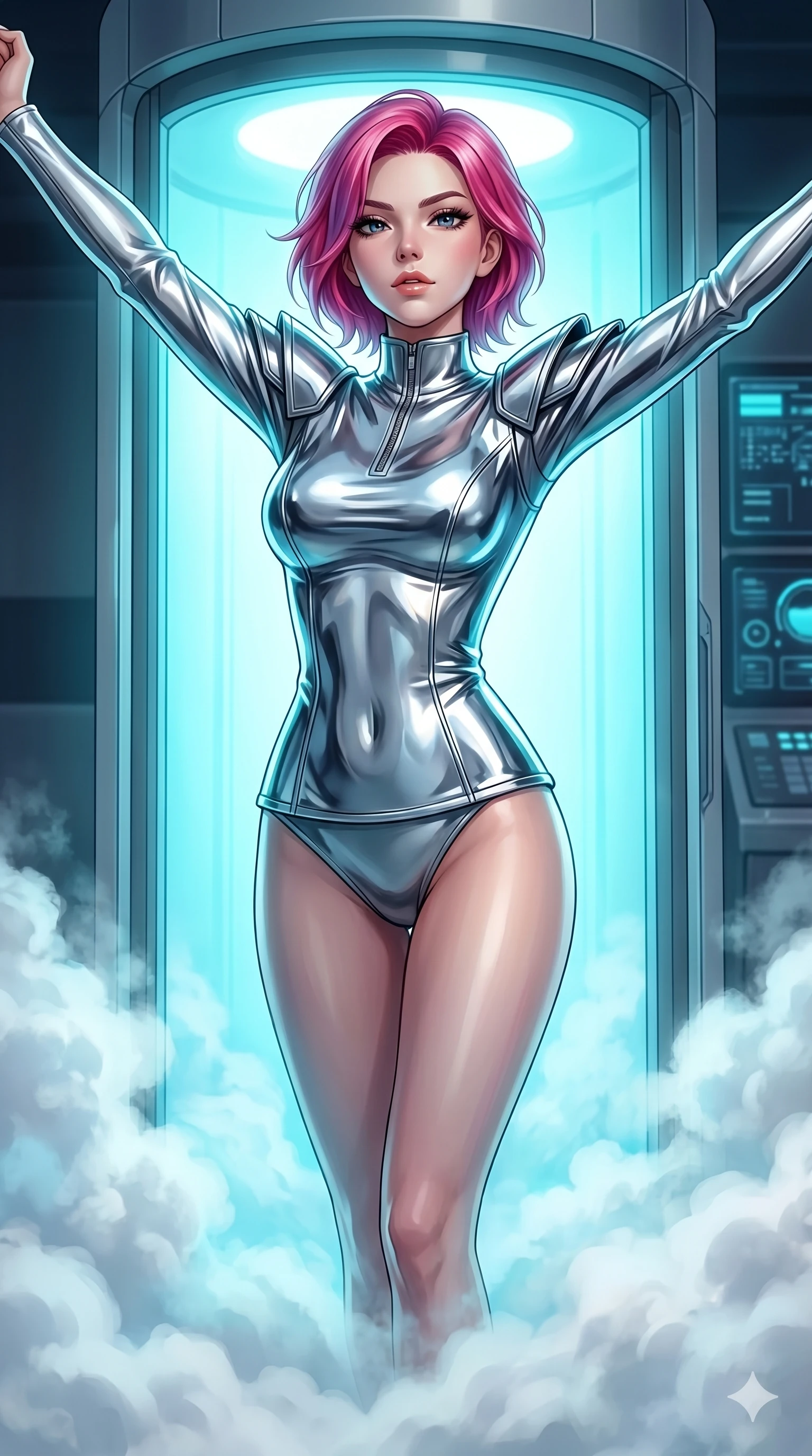 score_9, masterpiece, best quality, ultra-detailed, high-budget anime keyframe, editorial fashion photography, tasteful artistic composition, Caucasian woman, strictly human ears. Upper body close-up from the thighs up, character filling the screen for maximum presence. She is stepping out of a glowing cryo-chamber filled with evaporating white volumetric steam. She stretches her arms with a commanding, waking-up expression. She has an absolutely perfect 8-heads proportion, a tall and elegant figure with a refined silhouette and a defined waistline. V-shaped jawline, high-bridge nose, intricate jewel-like eyes with depth, thick eyelashes, glossy lips with a natural sheen. She is wearing a sleek tailored top in liquid-chrome finish that complements her silhouette, styled with sophisticated architectural shoulder accents and a modern zip collar. The scene is illuminated by intense cyan backlighting from the chamber and a warm white key light. 2k, ultra detail, master piece, 9:16 ratio