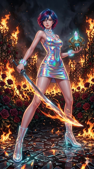 score_9, masterpiece, best quality, ultra-detailed, Set A: High-budget Anime Keyframe, Korean woman. Low angle cowboy shot filling the entire 9:16 frame with her statuesque presence. Drawing a blade through a burning rose garden, holding a relic that