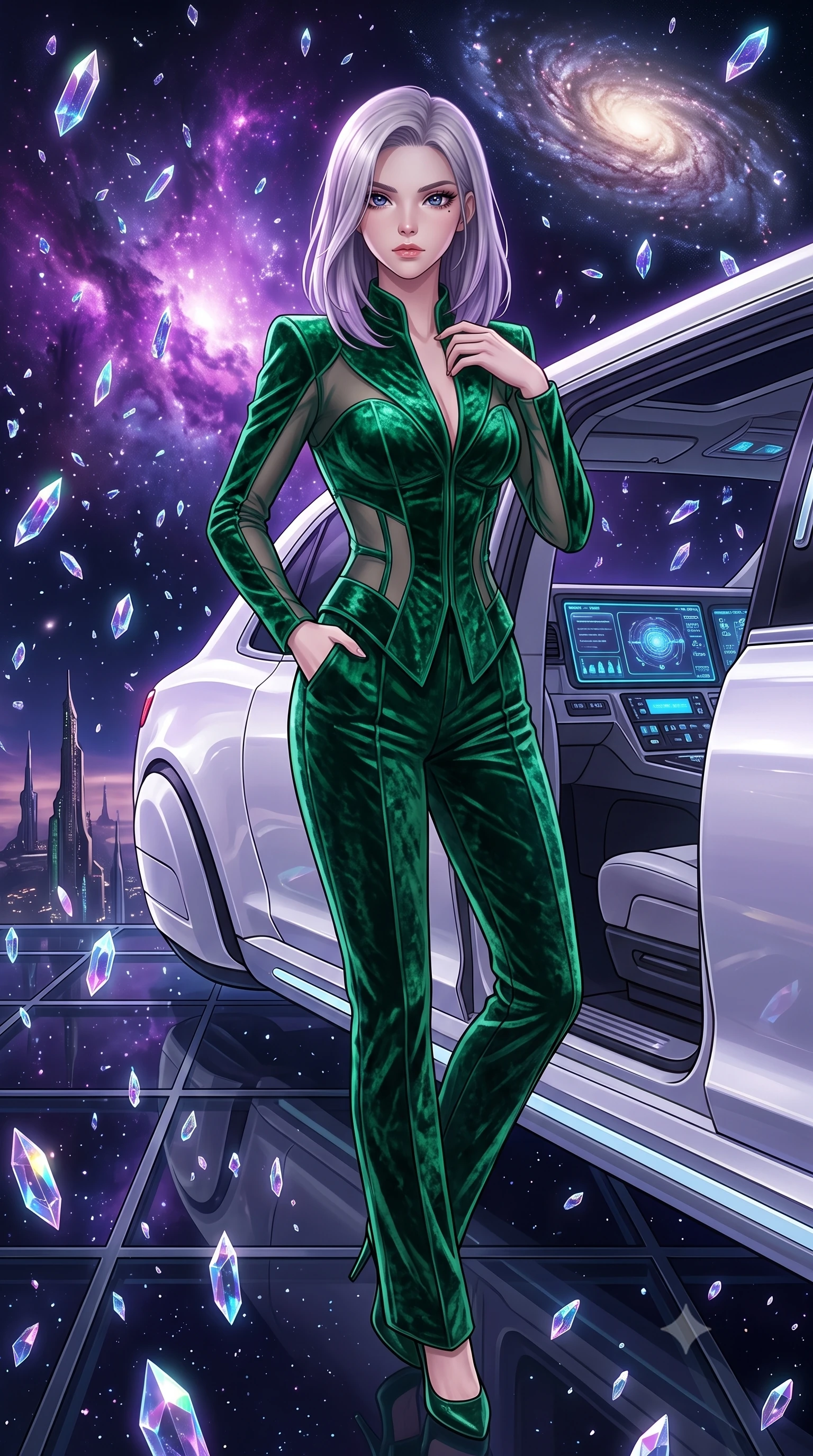 score_9, masterpiece, best quality, ultra-detailed, High-budget Anime Keyframe, Caucasian woman, strictly human ears. Low angle cowboy shot filling the entire 9:16 frame with her statuesque presence. Scenario 439: leaning against a sleek white hover-limousine by a dark void filled with floating crystal shards reflecting purple nebulae. Her presence is magnetic and overpowering in this high-budget anime scene. Outfit 439: a form-contouring emerald green crushed velvet jacket with sheer sleeves and opaque panels. The clothing is designed to emphasize her exceptionally tall and slender 8-heads proportion. 8-heads proportion, towering silhouette, ultra-slim waist. sharp v-shaped jawline, intricate jewel-like eyes with depth, thick eyelashes, glossy lips. 2k, ultra detail, master piece, 9:16 ratio