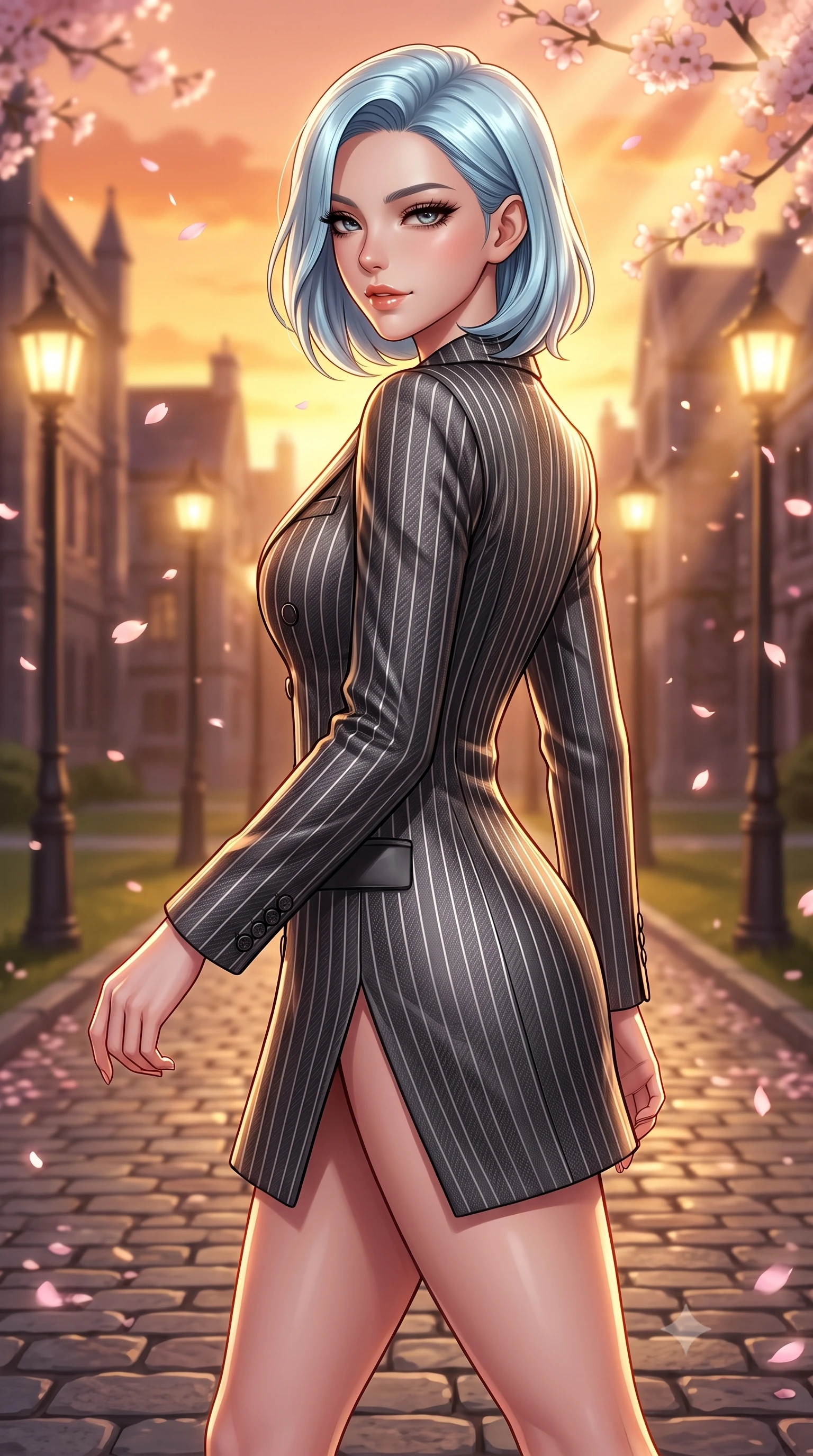 score_9, masterpiece, best quality, ultra-detailed, high-budget anime keyframe, editorial fashion photography, tasteful artistic composition, Korean woman. close-up cowboy shot from the waist and thighs up, the character dominates the composition, filling the frame with her large presence, background elements kept in soft focus. Glancing sidelong over her shoulder with a smoldering half-smile and heavy lashes stepping along a cobblestone academy path flanked by glowing streetlamps, fluttering cherry blossom petals catching warm golden sunset highlights. She has an exceptionally elegant, slender, and willowy female figure with an ultra-slim waist, a gracefully sculpted slender torso, and a refined silhouette. sharp v-shaped jawline, high-bridge nose, intricate jewel-like eyes with depth, thick eyelashes, glossy lips with a natural sheen. wearing a double-breasted blazer dress with metallic pin-stripes in charcoal grey and platinum, made of fine carbon-fiber weave and soft matte leather, finished with a sleek side slit ascending to mid-thigh, the sleek second-skin texture accentuating her magnetic presence. illuminated by soft glowing evening sunbeams filtering through sakura branches. highly saturated vibrant anime colors, detailed shading with soft gradients, rich glossy textures, high-contrast stereoscopic depth, volumetric dynamic lighting, master piece, 9:16 ratio