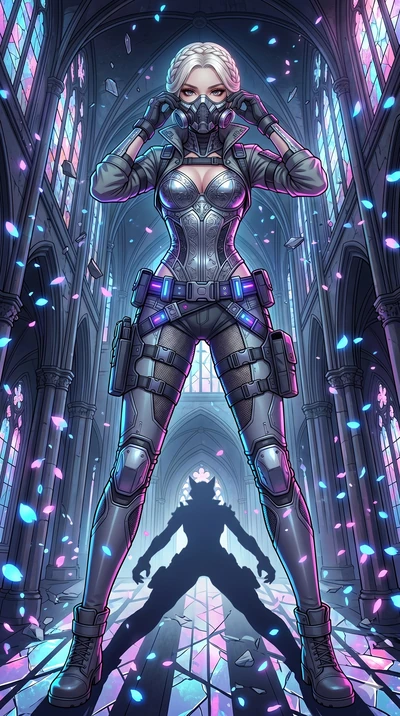 score_9, masterpiece, best quality, ultra-detailed, Set A: High-budget Anime Keyframe, Caucasian (strictly human ears) woman. Low angle cowboy shot filling the entire 9:16 frame with her statuesque presence. Adjusting a mask through a shattered glass