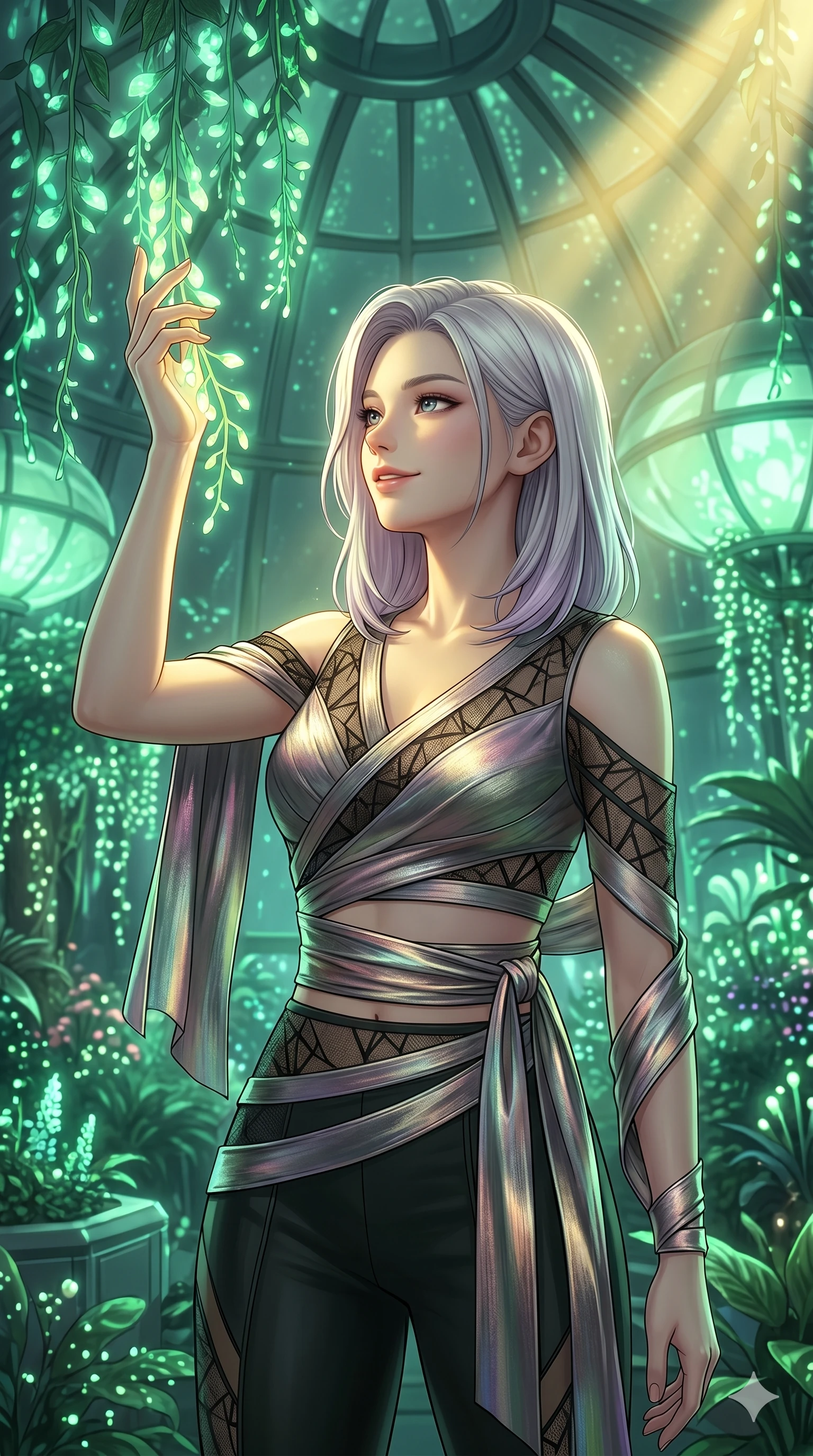 score_9, masterpiece, best quality, ultra-detailed, high-budget anime keyframe, editorial fashion photography, tasteful artistic composition, Caucasian woman, strictly human ears. Upper body close-up from the thighs up, character filling the screen for maximum presence. Standing in a high-tech greenhouse under a dome of bioluminescent vines, reaching up to touch a glowing vine with a captivated, serene smile. She is wearing a cropped cyber-fusion wrap top with delicate sheer panels and a metallic sash. The scene is bathed in soft green bioluminescent light and a warm yellow spotlight. 2k, ultra detail, master piece, 9:16 ratio