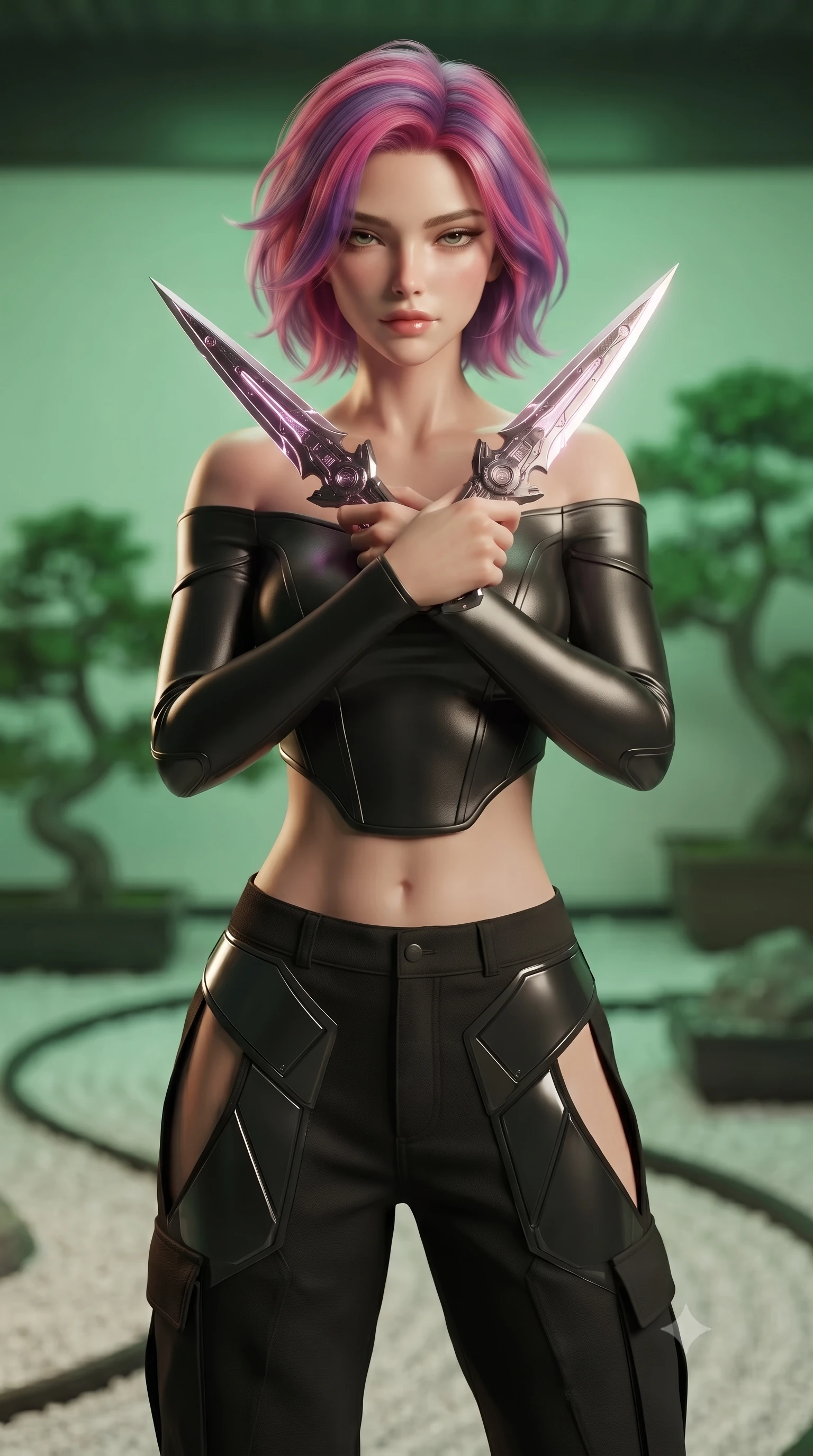score_9, masterpiece, best quality, ultra-detailed, high-budget anime keyframe, editorial fashion photography, tasteful artistic composition, Caucasian woman. close-up cowboy shot from the waist and thighs up, the character dominates the composition, filling the frame with her large presence, background elements kept in soft focus. holding two energy daggers crossed in front of her elegant collarbone, casting a heavy-lidded, sultry look, the background shows a soft-focus a zen rock garden with virtual white gravel paths and digital bonsai trees. She has an exceptionally elegant, slender, and willowy female figure with an ultra-slim waist, a gracefully sculpted slender torso, and a refined silhouette. sharp v-shaped jawline, high-bridge nose, intricate jewel-like eyes with depth, thick eyelashes, glossy lips with a natural sheen. wearing a form-contouring off-shoulder carbon-fiber armor top paired with high-slit tactical cargo pants, showing her delicately sculpted midriff. virtual white gravel paths and digital bonsai trees casting green neon light. ultra-reflective glossy finish, specular highlights, metallic sheen, high-contrast stereoscopic depth, volumetric dynamic lighting, 2k, ultra detail, master piece, 9:16 ratio
