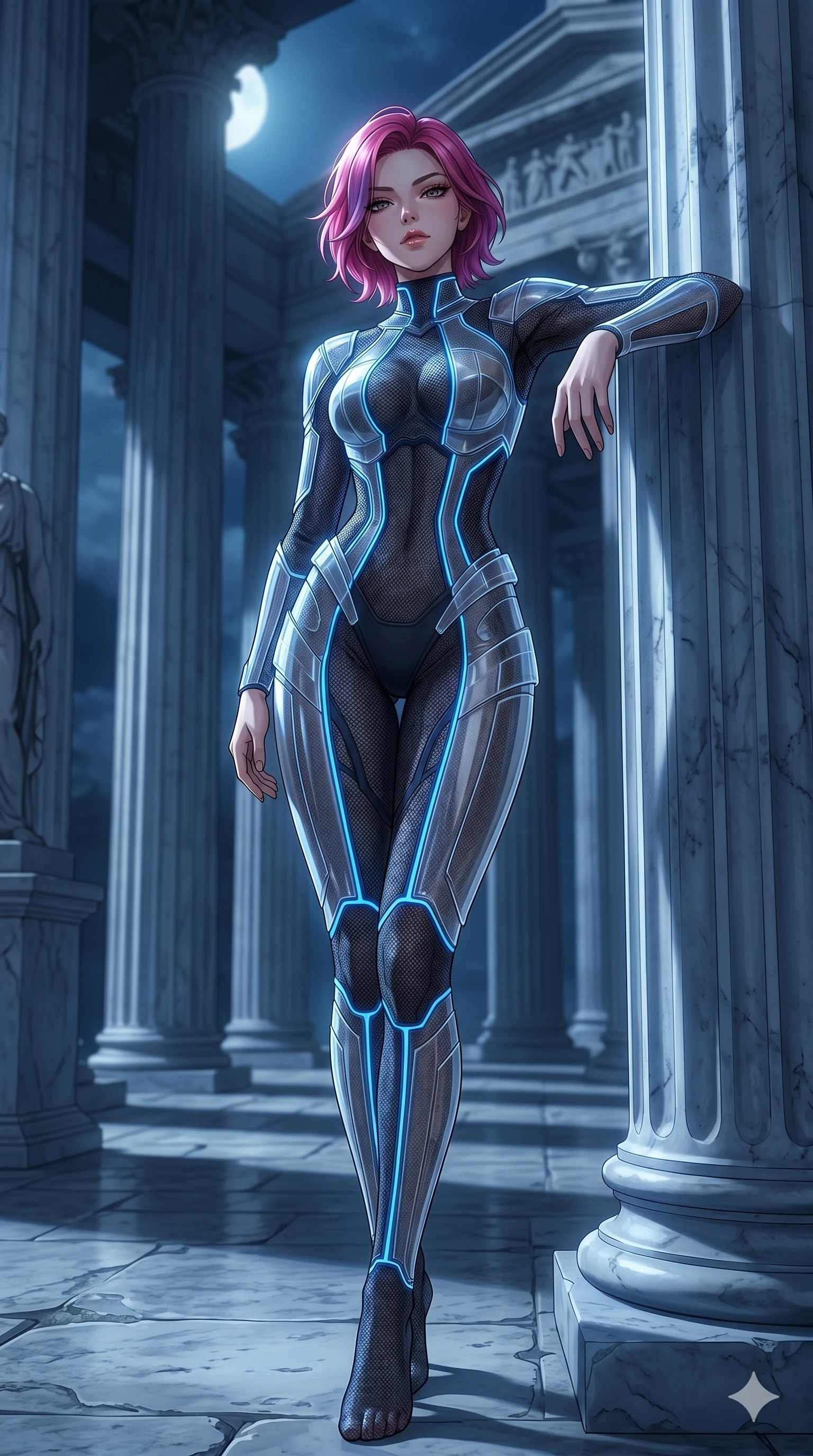 score_9, masterpiece, best quality, ultra-detailed, High-budget Anime Keyframe, East Asian woman. Low angle cowboy shot filling the entire 9:16 frame with her statuesque presence. Scenario 93: Leaning against a cold marble pillar in a moonlit greek temple. Her presence is magnetic and overpowering in this high-budget anime scene. Outfit 93: A fine technical mesh texture lace liquid with a translucent architectural overlays and glowing LED seams. The clothing is designed to emphasize her exceptionally tall and slender 8-heads proportion. 8-heads proportion, towering silhouette, ultra-slim waist. sharp v-shaped jawline, intricate jewel-like eyes with depth, thick eyelashes, glossy lips. 2k, ultra detail, master piece, 9:16 ratio