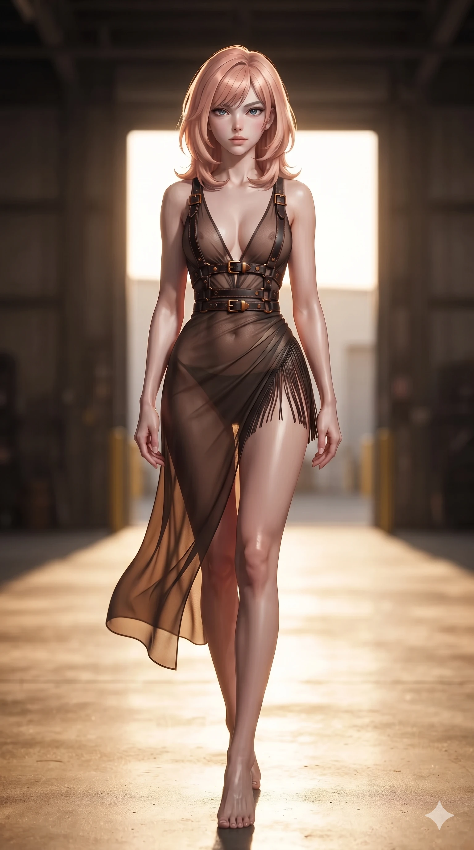 score_9, masterpiece, best quality, ultra-detailed, high-budget anime keyframe, editorial fashion photography, tasteful artistic composition, Japanese woman. low angle full-body shot from head to toe showing her feet, filling the entire 9:16 vertical frame with her statuesque presence, stretching her vertical silhouette. reclining on her side in an elegant Cleopatra pose with one knee drawn up, the dramatic contour of her rounded hips and long slender legs commanding the 9:16 vertical frame while walking slowly out of the industrial shadows into the blazing sunlight with hypnotic grace, hips swaying in an alluring sensual rhythm. The background shows a soft-focus industrial warehouse threshold softened in high-contrast doorway shallow focus. She has an absolutely perfect, statuesque 8.5-heads proportion, an exceptionally tall and slender model-like female figure with impossibly long slender legs, an ultra-slim waist, a flat toned midriff, narrow delicate ribcage, and beautifully sculpted feminine hips creating a graceful, slim hourglass silhouette without any bulky heaviness. sharp v-shaped jawline, high-bridge nose, sparkling eyes with hypnotic seductive depth, thick curled eyelashes, glossy parted lips with a natural dewy peach sheen, alluring bedroom-eyes with an enchanting coquettish smile, exuding magnetic siren charisma and sophisticated glamour, flawlessly proportioned anatomical accuracy, strict slender model proportions, natural body alignment, perfectly sculpted long slender limbs, ultra-slim waistline, clean dynamic posture without body distortion. wearing a plunge-front sheer illusion tulle slip dress with distressed leather harness straps contouring her spine in dark espresso leather and warm amber highlights, made of fluid liquid jersey with seamless sculpting hold and smooth contours, finished with a delicate leather fringe trim fluttering along her hip line with kinetic charm, the high-slit wrap tailoring accentuating her ultra-slim waistline and the enchanting curve of her feminine hips with alluring seductive charm. illuminated by concrete floor bounce and blinding golden rim lighting outlining her razor-sharp jawline, narrow waist, and curvy hips. ultra-reflective glossy finish, specular highlights, rich textural contrasts, high-contrast stereoscopic depth, volumetric dynamic lighting, 2k, ultra detail, master piece, 9:16 ratio