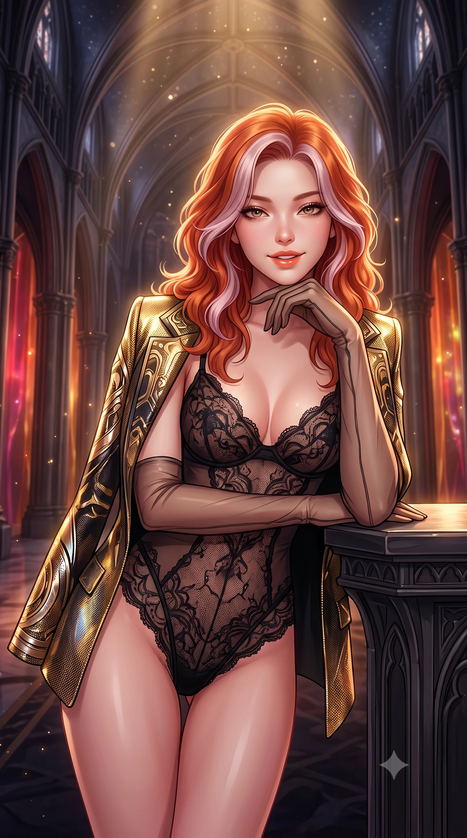 score_9, masterpiece, best quality, ultra-detailed, high-budget anime keyframe, semi-realistic 3D game render, editorial fashion photography, tasteful artistic composition, Caucasian woman. close-up cowboy shot from the waist and thighs up, the character dominates the composition, filling the frame with her large presence. resting one elbow on the table and supporting her chin, leaning close to the camera with heavy-lidded sparkling eyes and parted lips while standing poised at the center of the monumental gothic-sci-fi throne room beneath soaring obsidian rib vaults, arching her lower back with sovereign diva charisma. The background shows a soft-focus golden dust motes shimmering in spotlight beams softened in grand star-fortress cathedral shallow focus. She has an exceptionally elegant, slender, and willowy female figure with an ultra-slim waist, flat toned midriff, narrow ribcage, and sculpted feminine hips creating an alluring, slim hourglass silhouette without bulk. sharp v-shaped jawline, high-bridge nose, intricate jewel-like sparkling eyes with depth, thick eyelashes, glossy parted lips with a natural peach sheen, bright cheerful beaming smile with an enchanting and coquettish sensual glint, exuding both youthful cute charm and seductive allure, flawlessly proportioned anatomical accuracy, strict slender model proportions, natural body alignment, perfectly sculpted long slender limbs, ultra-slim waistline, clean dynamic posture without body distortion. wearing a delicate sheer French Chantilly lace teddy layered under an open tailored tactical combat blazer draped over bare shoulders in solar-wind gold and deep space void black, crafted from stretch micro-mesh with liquid foil coating that shimmers with every movement, complemented by sheer opera-length evening gloves tracing her slender arms, the glove-like clinging cut tightly following the natural contour of her hips and long slender legs with youthful 8.5-heads elegance. bathed in warm 2600K golden spotlight radiance combined with ruby and amber holographic curtain glow. highly saturated vibrant anime colors, detailed shading with soft gradients, rich glossy textures, high-contrast stereoscopic depth, volumetric dynamic lighting, master piece, 9:16 ratio