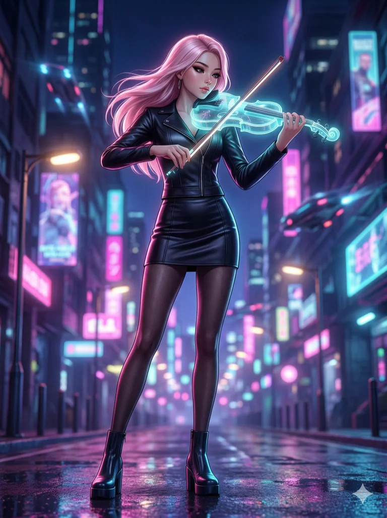 score_9, masterpiece, best quality, ultra-detailed, highend animation keyframe, an incredibly beautiful Japanese woman. Low angle cowboy shot filling the frame. She is a street musician in a futuristic city, her violin made of glowing transparent glass. She has an absolutely perfect 8-heads proportion, an exceptionally tall female figure with long slender legs and a slim-fit toned body. Her face is a highly detailed masterpiece featuring a v-shaped jawline, high-bridge nose, intricate jewel-like eyes, thick eyelashes, and glossy lips. She has pastel pink flowing hair. She is wearing a tight-fitting synthetic leather jacket and micro mini skirt, highlighting her alluring silhouette. Neon city bokeh and soft shadows, dramatic rim lighting, radiant glowing skin, cinematic dynamic light, 2k, ultra detail, master piece, 3:4 ratio