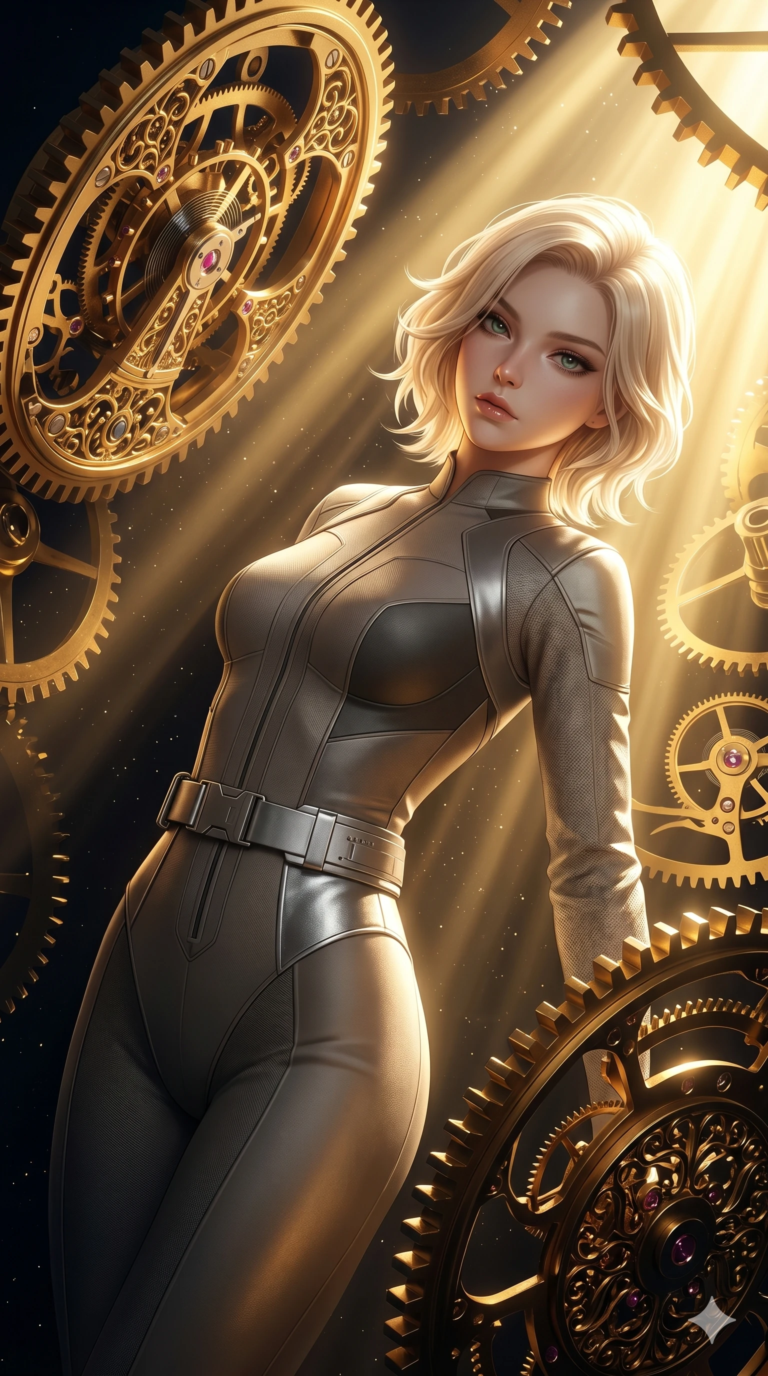 score_9, masterpiece, best quality, ultra-detailed, high-budget anime keyframe, editorial fashion photography, tasteful artistic composition, Caucasian woman, strictly human ears. Upper body close-up from the thighs up, character filling the screen for maximum presence. She is intertwined with massive floating gold gears and clockwork mechanisms suspended in a void. She leans back gracefully, looking at the camera with a dreamy, captivating gaze. She has an absolutely perfect 8-heads proportion, a tall and elegant figure with a refined silhouette and a defined waistline. V-shaped jawline, high-bridge nose, intricate jewel-like eyes with depth, thick eyelashes, glossy lips with a natural sheen. She is wearing a high-fashion tech-jumpsuit featuring structured panel overlays across the torso and shoulders, accented by a metallic silver utility belt and textured fabric sleeves. The scene is illuminated by warm, blindingly bright golden spotlights and sharp volumetric light rays. 2k, ultra detail, master piece, 9:16 ratio