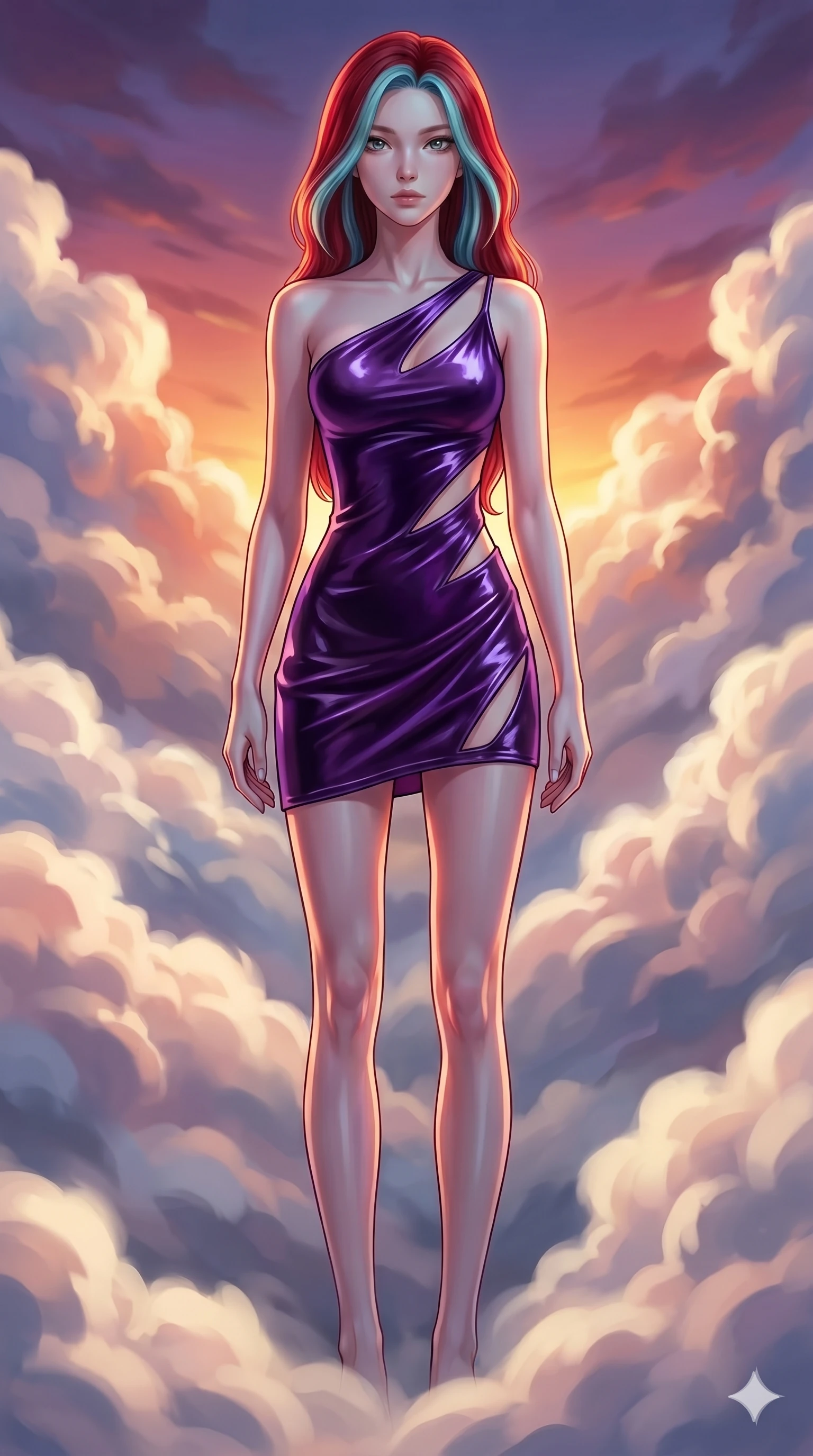 score_9, masterpiece, best quality, ultra-detailed, high-budget anime keyframe, Caucasian woman, strictly human ears. low angle full-body shot filling the entire 9:16 frame with her statuesque presence, stretching the vertical silhouette. threading through a volumetric cloud weave where storm clouds are spun like silk thread under a dramatic sunset glow. She has an absolutely perfect 8-heads proportion, an exceptionally tall and slender female figure with impossibly long slender legs and an ultra-slim waist. V-shaped jawline, high-bridge nose, intricate jewel-like eyes with depth, thick eyelashes, glossy lips with a natural sheen.. wearing an asymmetric liquid velvet slip dress, featuring a wet-look deep purple velvet one-shoulder mini slip with slanted slashed cutouts. accented by dynamic color-blocked lighting with high-contrast shadows emphasizing her statuesque height. 2k, ultra detail, master piece, 9:16 ratio