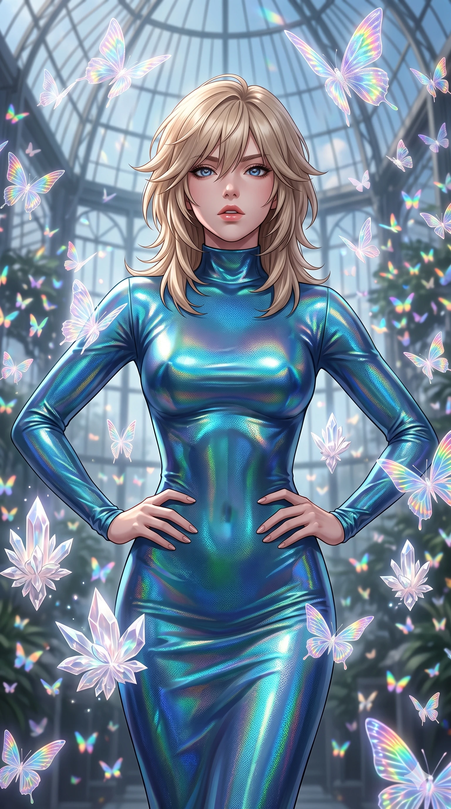 score_9, masterpiece, best quality, ultra-detailed, high-budget anime keyframe, editorial fashion photography, tasteful artistic composition, Japanese woman. close-up cowboy shot from the waist and thighs up, the character dominates the composition, filling the frame with her large presence, background elements kept in soft focus. Looking directly at the camera with a bold fearless expression and parted lips. set against a soft-focus background of a soaring glass conservatory filled with thousands of holographic butterflies made of pure structured light their wings projecting miniature rainbow patterns as they flutter in organized swarms. She has an exceptionally elegant and slender, willowy female figure with an ultra-slim waist, a gracefully sculpted slender torso, and a refined slim physique. sharp v-shaped jawline, high-bridge nose, intricate jewel-like eyes with depth, thick eyelashes, glossy lips with a natural sheen. wearing a sleek form-fitting mock-turtleneck gown in a shifting peacock-blue holographic fabric, hugging her slender figure from neck to ankle. ethereal pearlescent light emanating from floating crystalline formations all around. 2k, ultra detail, master piece, 9:16 ratio