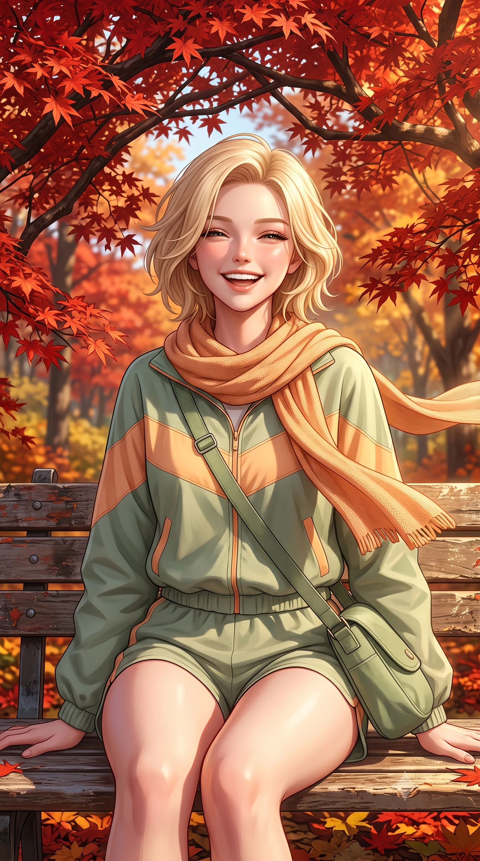 score_9, masterpiece, best quality, ultra-detailed, high-budget anime keyframe, semi-realistic 3D game render, editorial fashion photography, tasteful artistic composition, Caucasian woman. close-up cowboy shot from the waist and thighs up, the character dominates the composition, filling the frame with her large presence. laughing cheerfully with genuine delight, eyes crinkling sweetly as natural golden sunlight illuminates her glowing cheeks while sitting on a rustic park bench under an arch of fiery crimson maple branches, smiling cozily into the lens. The surrounding environment is rendered in vivid detail and crisp panoramic clarity. rich autumn chiaroscuro and breathtaking seasonal forest foliage captured with environmental precision. She has an exceptionally elegant, slender, and willowy female figure with an ultra-slim waist, a gracefully sculpted slender torso, toned flat midriff, and a refined slim silhouette. sharp v-shaped jawline, high-bridge nose, intricate jewel-like eyes with depth, thick eyelashes, glossy lips with a natural sheen, pure and lovely fresh girlhood expression, flawlessly proportioned anatomical accuracy, strict slender model proportions, natural body alignment, perfectly sculpted long slender limbs, ultra-slim waistline, clean dynamic posture without body distortion. wearing a cute sporty pastel windbreaker paired with high-waisted active shorts and a canvas crossbody bag in warm apricot and sage green, tailored from crisp organic cotton poplin, finished with a lightweight knitted scarf draped loosely around her neck, the breezy lightweight fabric fluttering softly against her delicate collarbones, narrow waist, and feminine curves. illuminated by crisp directional sunbeams accentuating her slender waistline and cozy layered outfit. highly saturated vibrant anime colors, detailed shading with soft gradients, rich glossy textures, high-contrast stereoscopic depth, volumetric dynamic lighting, master piece, 9:16 ratio