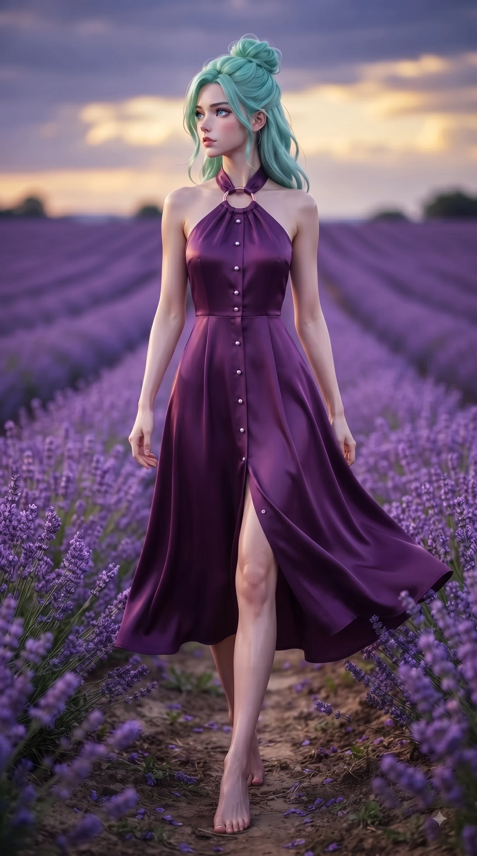 score_9, masterpiece, best quality, ultra-detailed, high-budget anime keyframe, editorial fashion photography, tasteful artistic composition, Japanese woman. low angle full-body shot from head to toe showing her feet, filling the entire 9:16 vertical frame with her statuesque presence, stretching her vertical silhouette. Subtle lingering regret in her eyes, looking back over her shoulder with an emotional, reluctant glance while walking gracefully through an endless field of blooming purple lavender under a twilight sky. The composition keeps background elements in soft focus with dreamy bokeh. endless violet lavender rows and golden sunset clouds blurred into dreamy pastel bokeh. She has an absolutely perfect, statuesque 8.5-heads proportion, an exceptionally tall and slender model-like female figure with impossibly long slender legs and an ultra-slim waist. sharp v-shaped jawline, high-bridge nose, intricate jewel-like eyes with depth, thick eyelashes, glossy lips with a natural sheen, flawlessly proportioned anatomical accuracy, natural body alignment, perfectly sculpted elegant limbs, clean dynamic posture without body distortion. wearing a rich plum purple halter-neck silk dress with silver ring hardware in deep amethyst purple and rose gold, tailored from structured wool crepe with clean lines, accented with delicate pearl buttons and refined ruffle trims, the fluid drape swaying gracefully with her dynamic editorial movement. illuminated by soft ambient lavender reflections and delicate rim highlights. ultra-reflective glossy finish, specular highlights, metallic sheen, high-contrast stereoscopic depth, volumetric dynamic lighting, 2k, ultra detail, master piece, 9:16 ratio