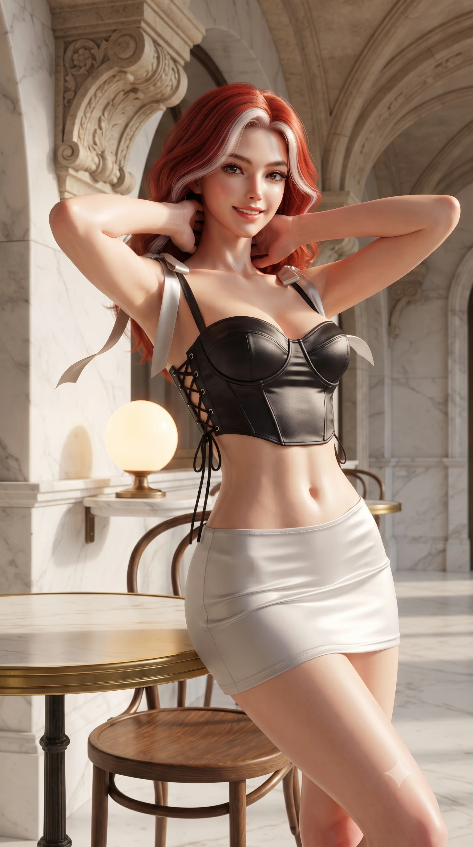 score_9, masterpiece, best quality, ultra-detailed, high-budget anime keyframe, editorial fashion photography, tasteful artistic composition, Caucasian woman. close-up cowboy shot from the waist and thighs up, the character dominates the composition, filling the frame with her large presence. resting both hands lightly behind her neck with elbows raised, arching her spine to highlight her narrow waist, flat midriff, and breathtaking collarbones while twisting her slender torso in an alluring S-curve beside the round brass-rimmed Thonet table, warm globe lamp light tracing her curves and flat midriff. The surrounding environment is rendered in vivid detail and crisp panoramic clarity: sharp carved stone vault corbels, polished white marble tabletop grain, and classic bentwood Thonet chair joints in deep focus. She has an exceptionally elegant, slender, and willowy female figure with an ultra-slim waist, flat toned midriff, narrow ribcage, and sculpted feminine hips creating an alluring, slim hourglass silhouette without bulk. sharp v-shaped jawline, high-bridge nose, intricate jewel-like sparkling eyes with depth, thick eyelashes, glossy parted lips with a natural peach sheen, bright cheerful beaming smile with an enchanting and coquettish sensual glint, exuding both youthful cute charm and seductive allure, flawlessly proportioned anatomical accuracy, strict slender model proportions, natural body alignment, perfectly sculpted long slender limbs, ultra-slim waistline, clean dynamic posture without body distortion. wearing a sculpted satin underwire crop bustier with lace-up side ties paired with a micro skirt in Joshua Tree Mojave obsidian and starlight platinum, made of fluid liquid jersey with seamless sculpting hold and smooth contours, finished with satin ribbon ties at the shoulders fluttering in the gentle breeze, the form-contouring silhouette accentuating her sculpted flat midriff, narrow delicate ribcage, and gracefully curvy hips with intoxicating allure. illuminated by polished marble reflection fill and sharp copper-gold rim lights defining her razor-sharp jawline, narrow waist, and curvy hips. ultra-reflective glossy finish, specular highlights, rich textural contrasts, high-contrast stereoscopic depth, volumetric dynamic lighting, 2k, ultra detail, master piece, 9:16 ratio