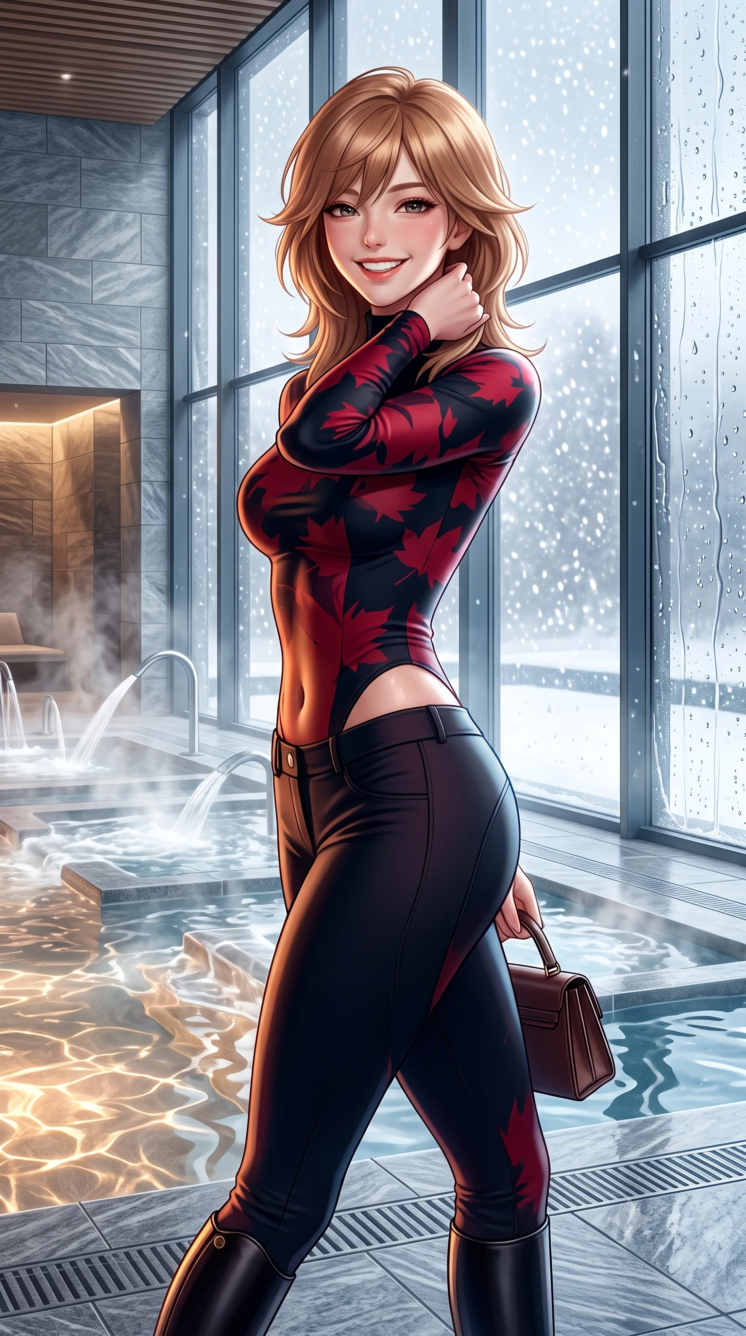 score_9, masterpiece, best quality, ultra-detailed, high-budget anime keyframe, semi-realistic 3D game render, editorial fashion photography, tasteful artistic composition, Korean woman. close-up cowboy shot from the waist and thighs up, the character dominates the composition, filling the frame with her large presence. resting one hand lightly behind her neck, arching her back with supermodel poise while beaming with an infectious radiant smile while walking past steaming indoor hydrotherapy fountains toward the glass wall looking out at falling snow, turning with radiant poise. The surrounding environment is rendered in vivid detail and crisp panoramic clarity: sharp thermal glass mullion seams, water droplet rivulets on exterior panes, and textured grey Vals quartzite stone tiles in deep focus. She has an exceptionally elegant, slender, and willowy female figure with an ultra-slim waist, flat toned midriff, narrow ribcage, and sculpted feminine hips creating an alluring, slim hourglass silhouette without bulk. sharp v-shaped jawline, high-bridge nose, intricate jewel-like sparkling eyes with depth, thick eyelashes, glossy parted lips with a natural peach sheen, bright cheerful beaming smile with an enchanting and coquettish sensual glint, exuding both youthful cute charm and seductive allure, flawlessly proportioned anatomical accuracy, strict slender model proportions, natural body alignment, perfectly sculpted long slender limbs, ultra-slim waistline, clean dynamic posture without body distortion. wearing a form-fitting equestrian stretch bodysuit paired with snug tailored riding breeches and polished knee-high leather boots in Kyoto autumn maple crimson and deep ink black, made of ultra-fine Mongolian cashmere with sleek glove-like elasticity contouring her silhouette, finished with a structured leather micro-bag held lightly at her hip, the second-skin tailored fabric adhering flawlessly to her sculpted flat midriff and slender torso, emphasizing her long leg lines and perfectly proportioned willowy build. illuminated by thermal pool surface caustics and soft pearlescent rim lights accentuating her sharp jawline and slender hourglass silhouette. highly saturated vibrant anime colors, detailed shading with soft gradients, rich glossy textures, high-contrast stereoscopic depth, volumetric dynamic lighting, master piece, 9:16 ratio