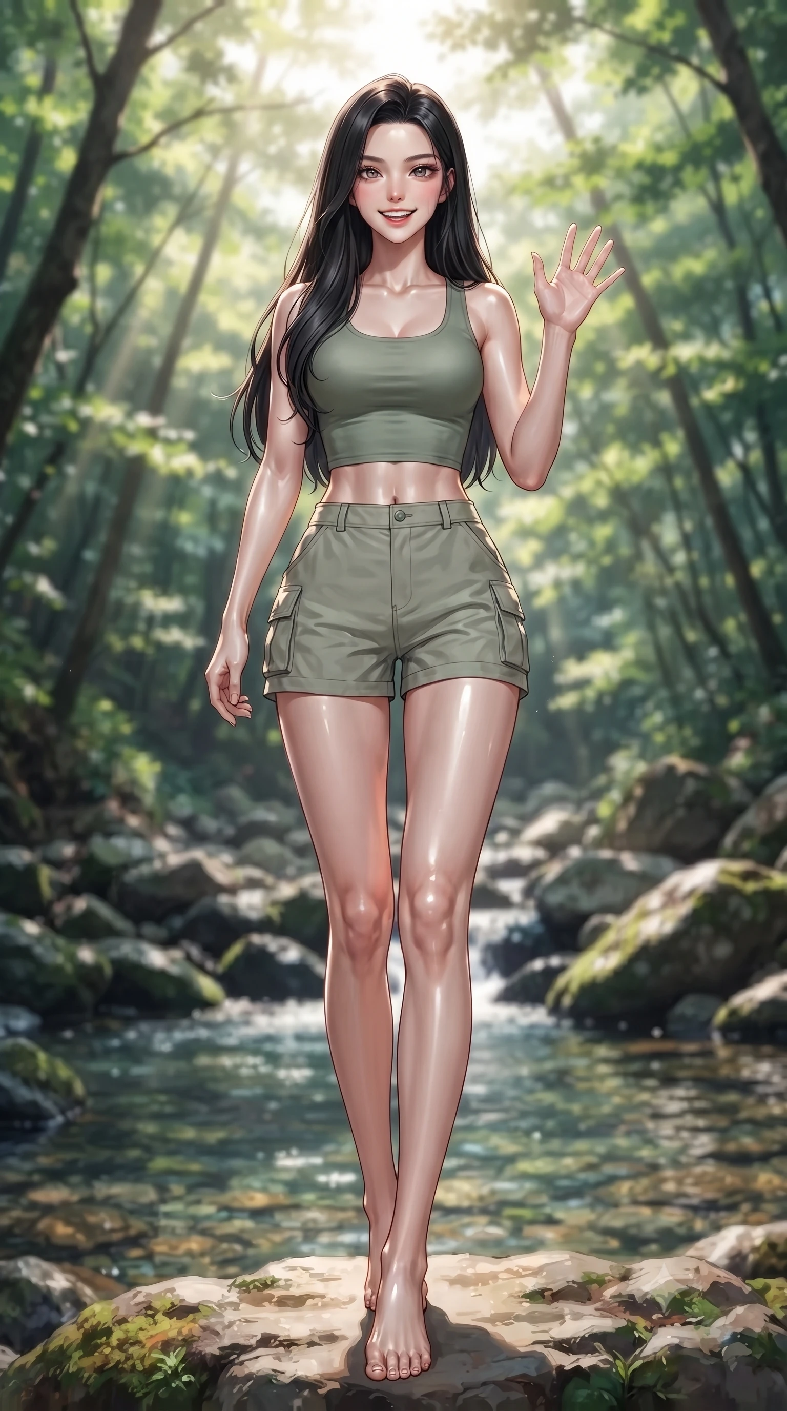 score_9, masterpiece, best quality, ultra-detailed, high-budget anime keyframe, editorial fashion photography, tasteful artistic composition, Korean woman. low angle full-body shot from head to toe showing her feet, filling the entire 9:16 vertical frame with her statuesque presence, stretching her vertical silhouette. stepping forward with a bright, cheerful smile, waving happily at the viewer set against a soft-focus background of next to a rocky creek with clear mountain water running over pebbles resting her hand on the wooden bridge railing, looking down at the fish. She has an absolutely perfect, statuesque 8.5-heads proportion, an exceptionally tall and slender model-like female figure with impossibly long slender legs and an ultra-slim waist. sharp v-shaped jawline, high-bridge nose, intricate jewel-like eyes with depth, thick eyelashes, glossy lips with a natural sheen. wearing slim-fit stylish crop top in sage green, paired with lightweight cargo shorts. dappled sunbeams filtering through the dense green forest canopy. ultra-reflective glossy finish, specular highlights, metallic sheen, high-contrast stereoscopic depth, volumetric dynamic lighting, 2k, ultra detail, master piece, 9:16 ratio