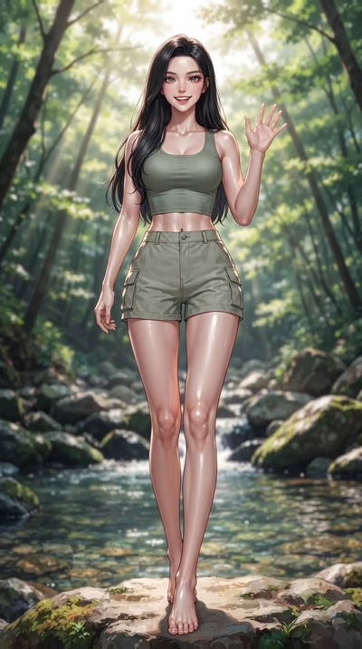 score_9, masterpiece, best quality, ultra-detailed, high-budget anime keyframe, editorial fashion photography, tasteful artistic composition, Korean woman. low angle full-body shot from head to toe showing her feet, filling the entire 9:16 vertical f