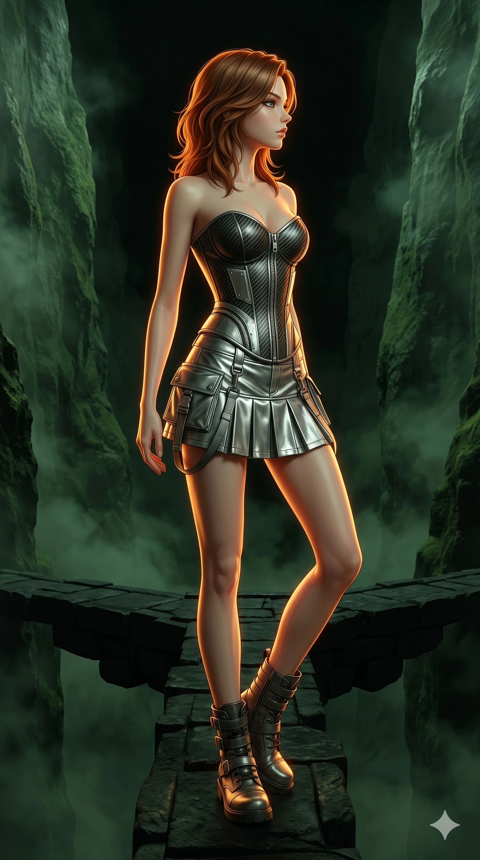 score_9, masterpiece, best quality, ultra-detailed, high-budget anime keyframe, editorial fashion photography, tasteful artistic composition, Korean woman. cowboy shot from the thighs up, character and outfit filling the frame for maximum editorial presence. Turning her face in sharp dramatic profile against the light on a floating bridge of dark stone connecting two cliffs in a misty green canyon. She has an absolutely perfect 8-heads proportion, an exceptionally tall and slender female figure with impossibly long slender legs and an ultra-slim waist. V-shaped jawline, high-bridge nose, intricate jewel-like eyes with depth, thick eyelashes, glossy lips with a natural sheen. wearing a carbon-fiber textured structured corset with silver zippers, paired with a pleated metallic silver mini combat skirt. drenched in warm amber cinematic rim lighting that traces every contour of her silhouette against a dark background. 2k, ultra detail, master piece, 9:16 ratio