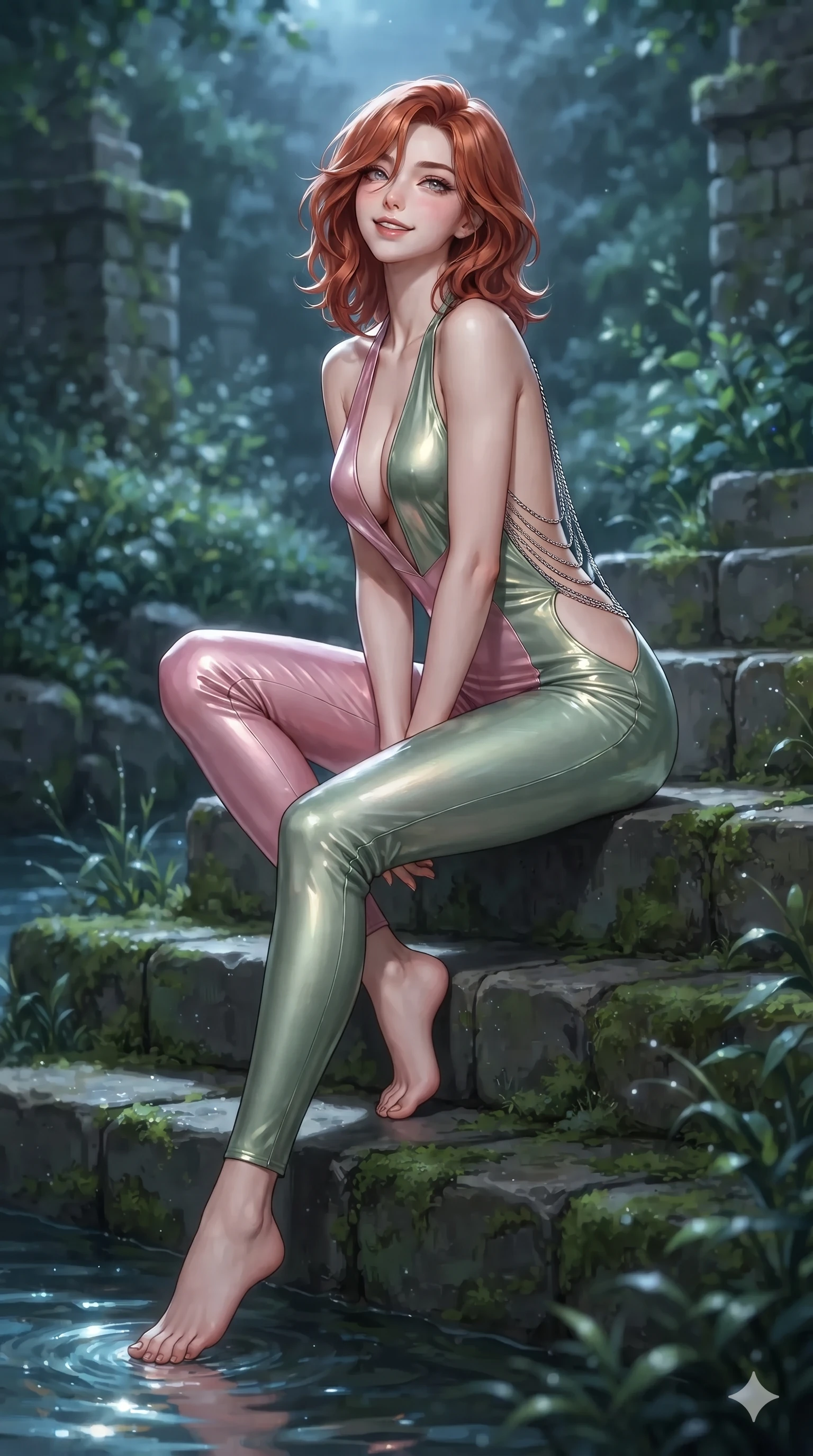 score_9, masterpiece, best quality, ultra-detailed, high-budget anime keyframe, editorial fashion photography, tasteful artistic composition, Korean woman. low angle full-body shot from head to toe showing her feet, filling the entire 9:16 vertical frame with her statuesque presence, stretching her vertical silhouette. sitting poised on the stone steps with one knee bent, arching her spine with supermodel elegance as she glances upward through thick eyelashes while sitting perched on the grassy mossy bank with legs dangling gracefully toward the water, flashing a radiant yet seductive half-smile. The background shows a soft-focus secluded riverbank landscape softened in romantic moonlight shallow focus. She has an absolutely perfect, statuesque 8.5-heads proportion, an exceptionally tall and slender model-like female figure with impossibly long slender legs, an ultra-slim waist, a flat toned midriff, narrow delicate ribcage, and beautifully sculpted feminine hips creating a graceful, slim hourglass silhouette without any bulky heaviness. sharp v-shaped jawline, high-bridge nose, sparkling eyes with hypnotic seductive depth, thick curled eyelashes, glossy parted lips with a natural dewy peach sheen, alluring bedroom-eyes with an enchanting coquettish smile, exuding magnetic siren charisma and sophisticated glamour, flawlessly proportioned anatomical accuracy, strict slender model proportions, natural body alignment, perfectly sculpted long slender limbs, ultra-slim waistline, clean dynamic posture without body distortion. wearing a backless liquid metallic lamé plunge halterneck jumpsuit with high-cut side hip cutouts in soft lotus rose and morning dew sage green, crafted from wet-look high-gloss vinyl fabric with dazzling specular surface reflections, accented with an open-back drape framed by falling strands of delicate chrome chains, the impeccably tailored cut draping gracefully along her slender figure with aristocratic eastern poise. illuminated by cool water surface bounce and sharp platinum-cyan rim lights defining her razor-sharp jawline, narrow waist, and curvy hips. ultra-reflective glossy finish, specular highlights, rich textural contrasts, high-contrast stereoscopic depth, volumetric dynamic lighting, 2k, ultra detail, master piece, 9:16 ratio