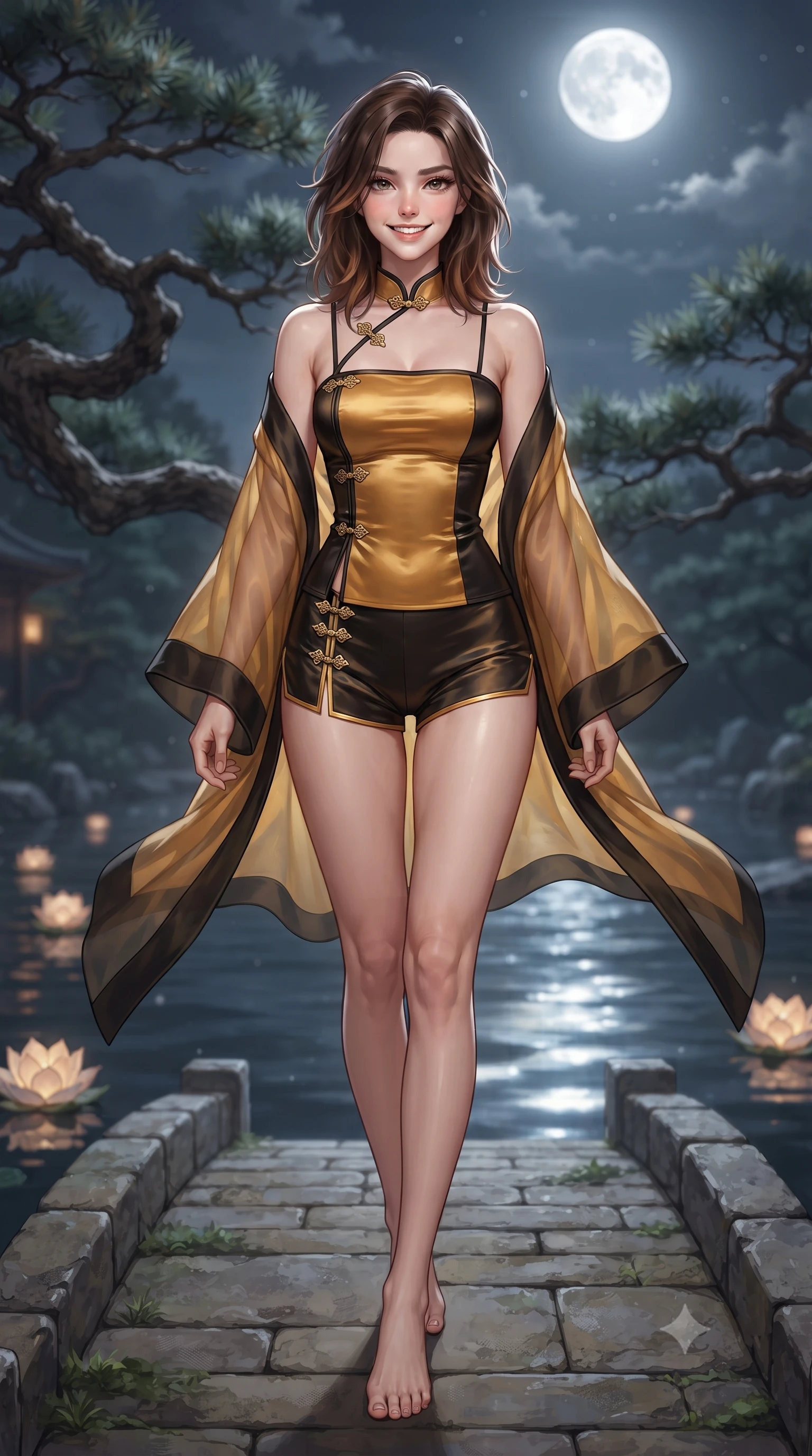score_9, masterpiece, best quality, ultra-detailed, high-budget anime keyframe, editorial fashion photography, tasteful artistic composition, Korean woman. low angle full-body shot from head to toe showing her feet, filling the entire 9:16 vertical frame with her statuesque presence, stretching her vertical silhouette. stepping forward gracefully across the stone bridge in mid-motion with a radiant beaming smile, hips swaying in an alluring kinetic rhythm that accentuates her curvy hourglass silhouette and long slender legs while twisting her slender torso in an alluring S-curve, silver moonbeams rippling across the dark water surface and highlighting her narrow waist and curvy hips. The background shows a soft-focus ancient gnarled pine branches and floating paper lotus lanterns softened in royal Joseon shallow focus. She has an absolutely perfect, statuesque 8.5-heads proportion, an exceptionally tall and slender model-like female figure with impossibly long slender legs, an ultra-slim waist, a flat toned midriff, narrow delicate ribcage, and beautifully sculpted feminine hips creating a graceful, slim hourglass silhouette without any bulky heaviness. sharp v-shaped jawline, high-bridge nose, intricate jewel-like dark sparkling almond eyes with depth, thick lashes, glossy parted lips with a natural rose-plum sheen, bright alluring and coquettish smile with bedroom-eyes, exuding both timeless oriental elegance and sovereign high-fashion allure, flawlessly proportioned anatomical accuracy, strict slender model proportions, natural body alignment, perfectly sculpted long slender limbs, ultra-slim waistline, clean dynamic posture without body distortion. wearing a sheer gossamer silk robe draped casually off bare shoulders over a form-fitting strappy satin bandeau and micro-shorts in antique saffron gold and ebony black, crafted from heavy fluid silk satin with a liquid mirror-like sheen, accented with intricate gold frog buttons and a delicate mandarin collar, the form-fitting tailored bodice adhering flawlessly to her sculpted flat midriff and slender torso, emphasizing her long leg lines and perfectly proportioned willowy build. bathed in cold silver moonlight cascading down from a brilliant full moon overhead. ultra-reflective glossy finish, specular highlights, rich textural contrasts, high-contrast stereoscopic depth, volumetric dynamic lighting, 2k, ultra detail, master piece, 9:16 ratio