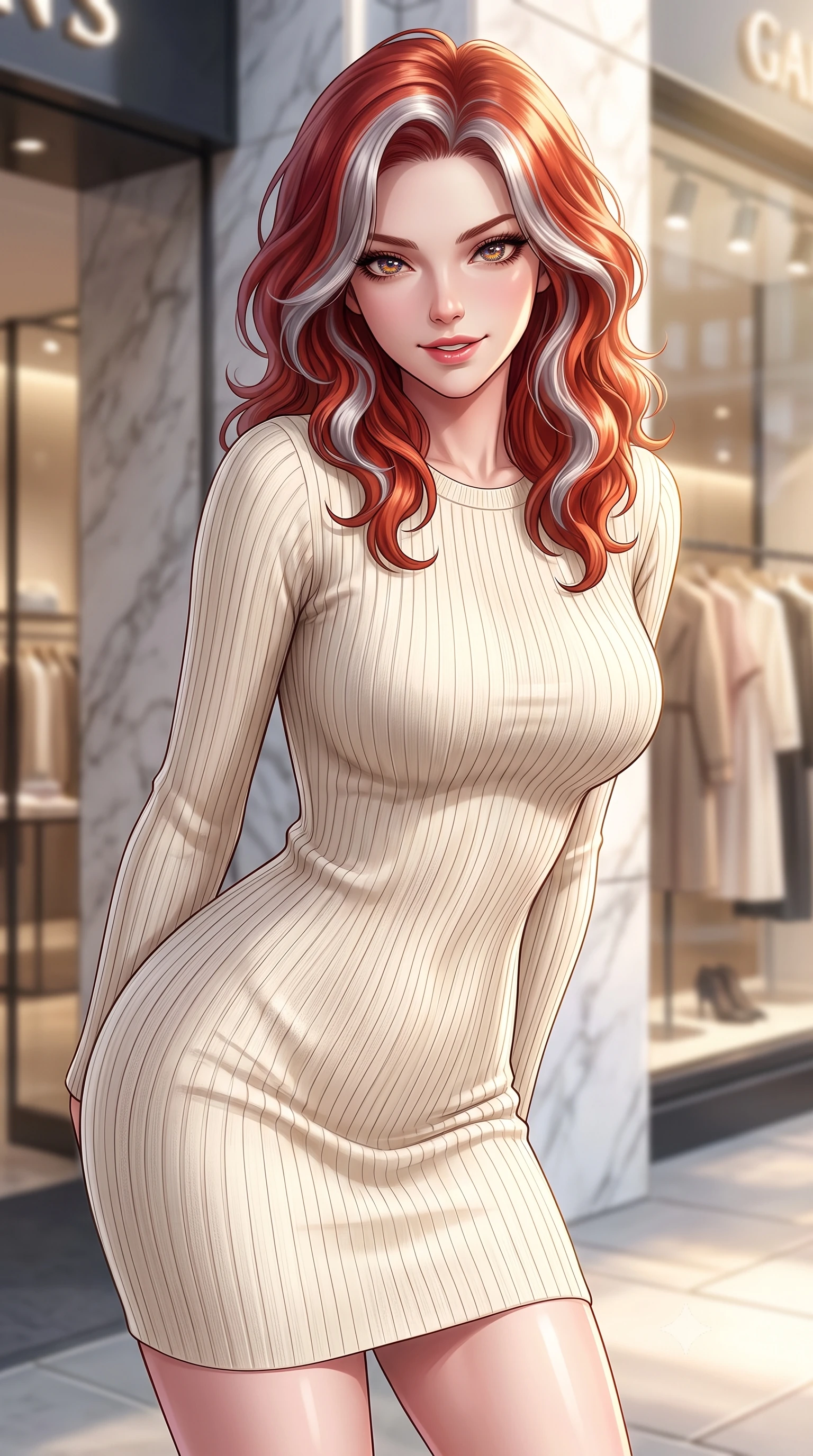 score_9, masterpiece, best quality, ultra-detailed, high-budget anime keyframe, editorial fashion photography, tasteful artistic composition, Caucasian woman. close-up cowboy shot from the waist and thighs up, the character dominates the composition, filling the frame with her large presence, background elements kept in soft focus. leaning slightly forward with a playful, sultry smile that holds direct, intense eye contact set against a soft-focus background of near a chic department store entrance with marble walls and glass displays with stylish shopping window displays showing chic clothes in soft focus behind her. She has an exceptionally elegant, slender, and willowy female figure with an ultra-slim waist, a gracefully sculpted slender torso, and a refined silhouette. sharp v-shaped jawline, high-bridge nose, intricate jewel-like eyes with depth, thick eyelashes, glossy lips with a natural sheen. wearing form-contouring form-fitting ribbed knit dress in cream, contouring her slender silhouette. soft morning sun rays painting the street in a fresh, energetic gold tone. ultra-reflective glossy finish, specular highlights, metallic sheen, high-contrast stereoscopic depth, volumetric dynamic lighting, 2k, ultra detail, master piece, 9:16 ratio