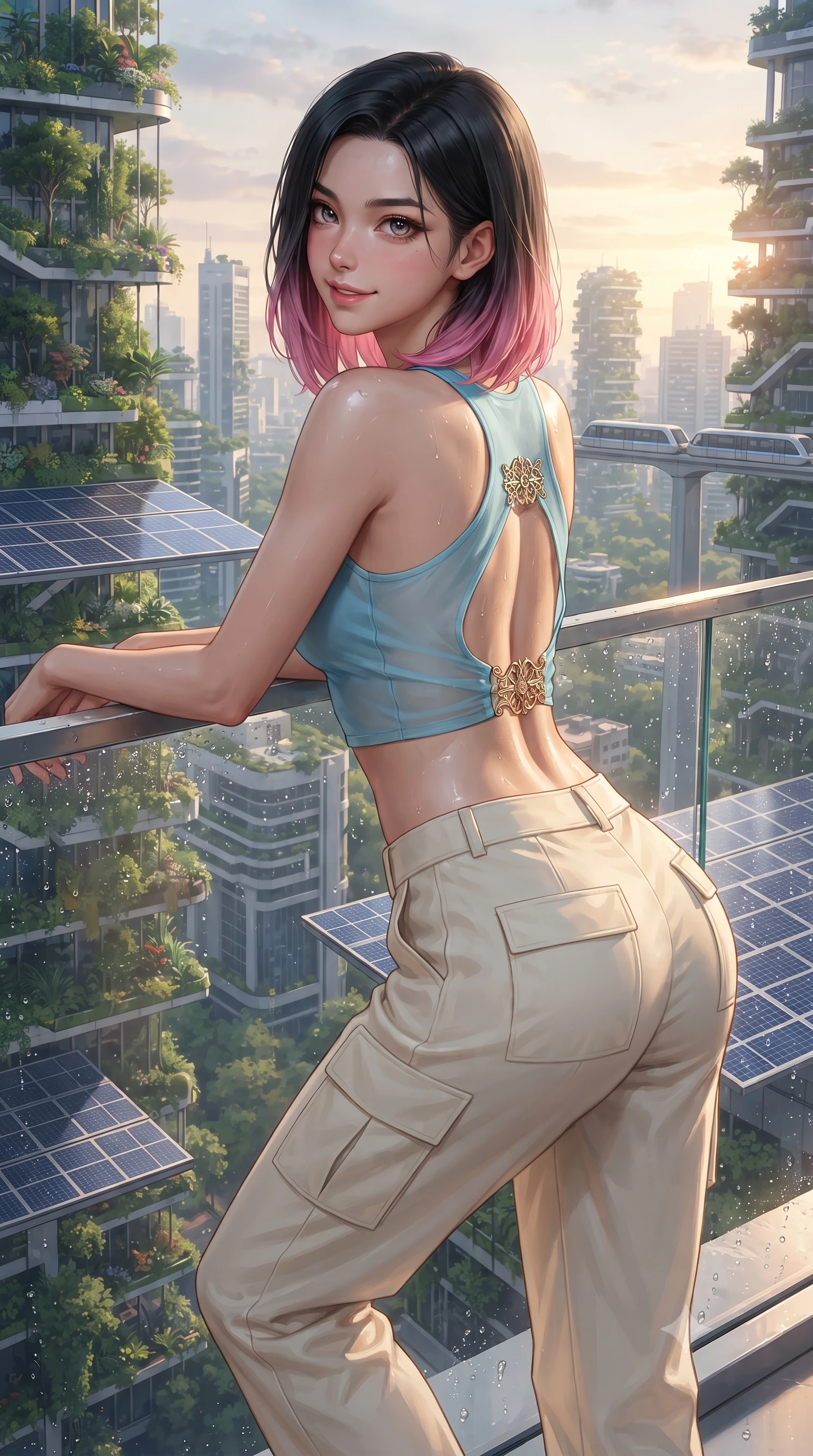 score_9, masterpiece, best quality, ultra-detailed, high-budget anime keyframe, editorial fashion photography, tasteful artistic composition, Korean woman. close-up cowboy shot from the waist and thighs up, the character dominates the composition, filling the frame with her large presence. turning over a bare shoulder with an intoxicating, teasing smile, her soft hair framing her sharp jawline as she looks back while leaning forward over the crystal infinity barrier with hips cocked, looking back with a playful, teasing smile. The surrounding environment is rendered in vivid detail and crisp panoramic clarity. detailed sky-high metropolis greenery, architectural solar panels, and water droplets in high clarity. She has an exceptionally elegant, slender, and willowy female figure with an ultra-slim waist, a gracefully sculpted slender torso, toned flat midriff, and a refined slim silhouette. sharp v-shaped jawline, high-bridge nose, intricate jewel-like eyes with depth, thick eyelashes, glossy parted lips with a natural sheen, intensely captivating and seductive expression, flawlessly proportioned anatomical accuracy, strict slender model proportions, natural body alignment, perfectly sculpted long slender limbs, ultra-slim waistline, clean dynamic posture without body distortion. wearing an aerodynamic eco-chic racerback crop tank with high-waisted white utility trousers in sky azure and soft sunlight cream, crafted from weightless prism organza that refracts light with every motion, finished with a dramatic open back secured by golden filigree clasps, the relaxed yet flattering fit accentuating her naturally graceful and slender figure, highlighting her tall statuesque proportions. illuminated by wet specular highlights accentuating her collarbones, waistline, and slender curves. ultra-reflective glossy finish, specular highlights, rich textural contrasts, high-contrast stereoscopic depth, volumetric dynamic lighting, 2k, ultra detail, master piece, 9:16 ratio