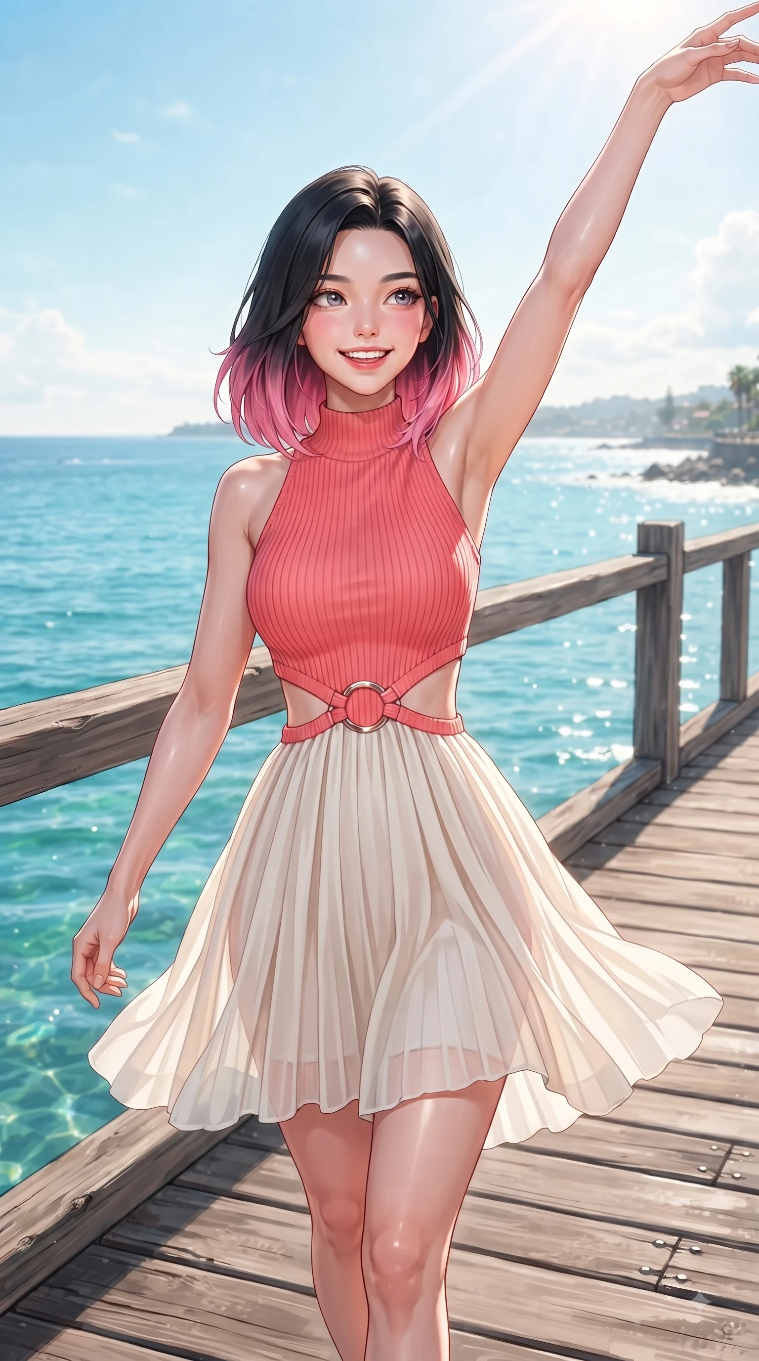 score_9, masterpiece, best quality, ultra-detailed, high-budget anime keyframe, editorial fashion photography, tasteful artistic composition, Korean woman. close-up cowboy shot from the waist and thighs up, the character dominates the composition, filling the frame with her large presence. Extending one arm in an elegant stretch toward the light while smiling with vibrant, youthful self-assurance while walking cheerfully along a seaside wooden boardwalk overlooking a turquoise ocean. The surrounding environment is rendered in vivid detail and crisp panoramic clarity. glistening ocean water refractions and coastal scenery rendered with sharp environmental detail. She has an exceptionally elegant, slender, and willowy female figure with an ultra-slim waist, a gracefully sculpted slender torso, and a refined silhouette. sharp v-shaped jawline, high-bridge nose, intricate jewel-like eyes with depth, thick eyelashes, glossy lips with a natural sheen, flawlessly proportioned anatomical accuracy, natural body alignment, perfectly sculpted elegant limbs, clean dynamic posture without body distortion. wearing a high-neck sleeveless ribbed knit dress following her statuesque figure like a glove in vibrant coral pink and pure ivory, crafted from lightweight fluid chiffon, accented with subtle metallic ring hardware framing her waist, the tailored fabric tightly following every curve of her athletic build. surrounded by a fresh, sun-drenched, and relaxing vacation atmosphere. ultra-reflective glossy finish, specular highlights, metallic sheen, high-contrast stereoscopic depth, volumetric dynamic lighting, 2k, ultra detail, master piece, 9:16 ratio