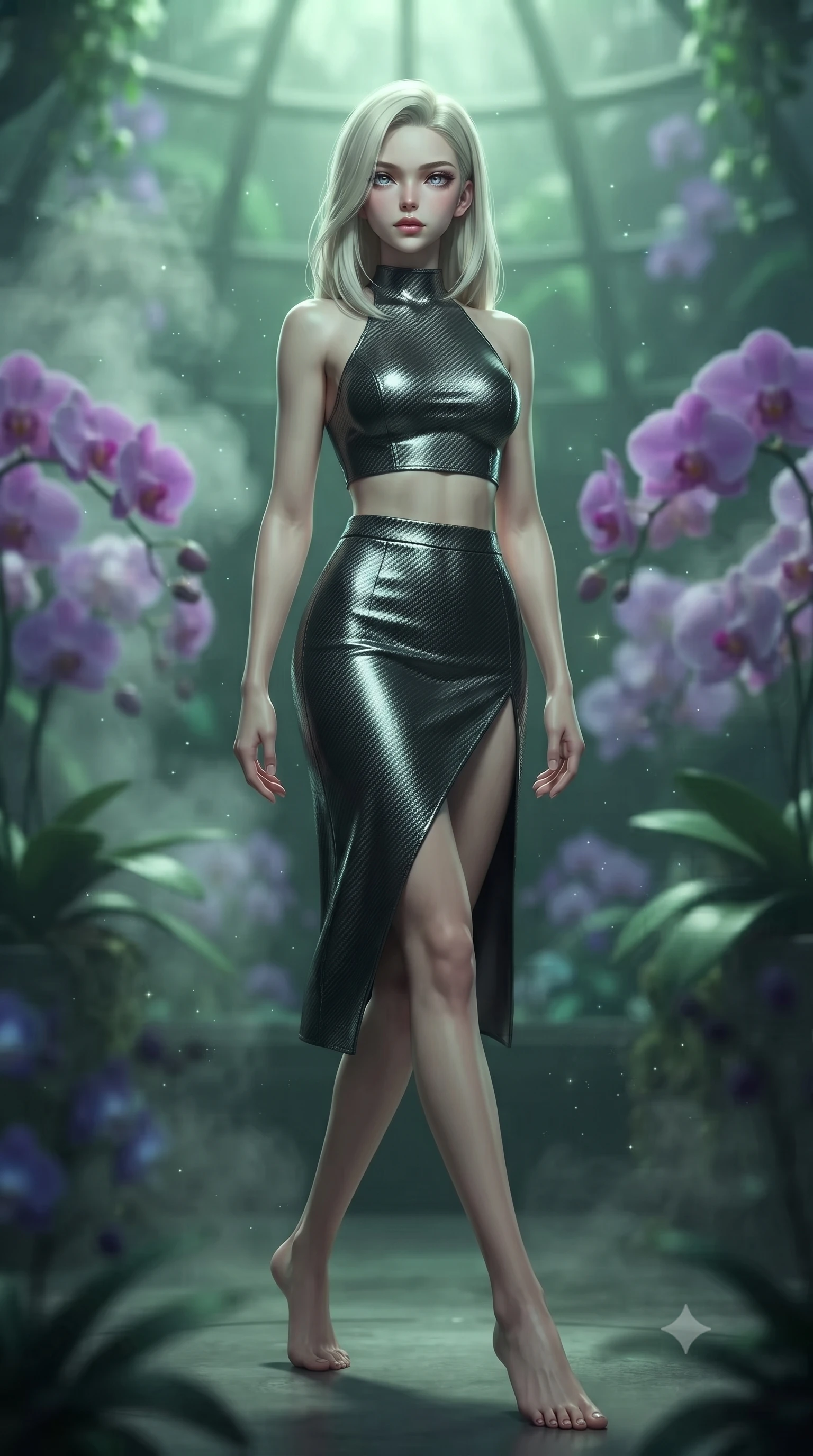 score_9, masterpiece, best quality, ultra-detailed, high-budget anime keyframe, editorial fashion photography, tasteful artistic composition, Caucasian woman. low angle full-body shot from head to toe showing her feet, filling the entire 9:16 vertical frame with her statuesque presence, stretching her vertical silhouette. stepping gracefully through floating stardust particles, her body-contouring suit showing her athletic, slender silhouette, the background shows a soft-focus a botanical sanctuary dome filled with bio-engineered purple orchids and steam. She has an absolutely perfect, statuesque 8.5-heads proportion, an exceptionally tall and slender model-like female figure with impossibly long slender legs and an ultra-slim waist. sharp v-shaped jawline, high-bridge nose, intricate jewel-like eyes with depth, thick eyelashes, glossy lips with a natural sheen. wearing a tailored carbon-fiber halter-neck crop top paired with a matching high-slit midi skirt, revealing her slim waist. soft green and indigo bioluminescent plant lighting casting a serene ambient glow. ultra-reflective glossy finish, specular highlights, metallic sheen, high-contrast stereoscopic depth, volumetric dynamic lighting, 2k, ultra detail, master piece, 9:16 ratio