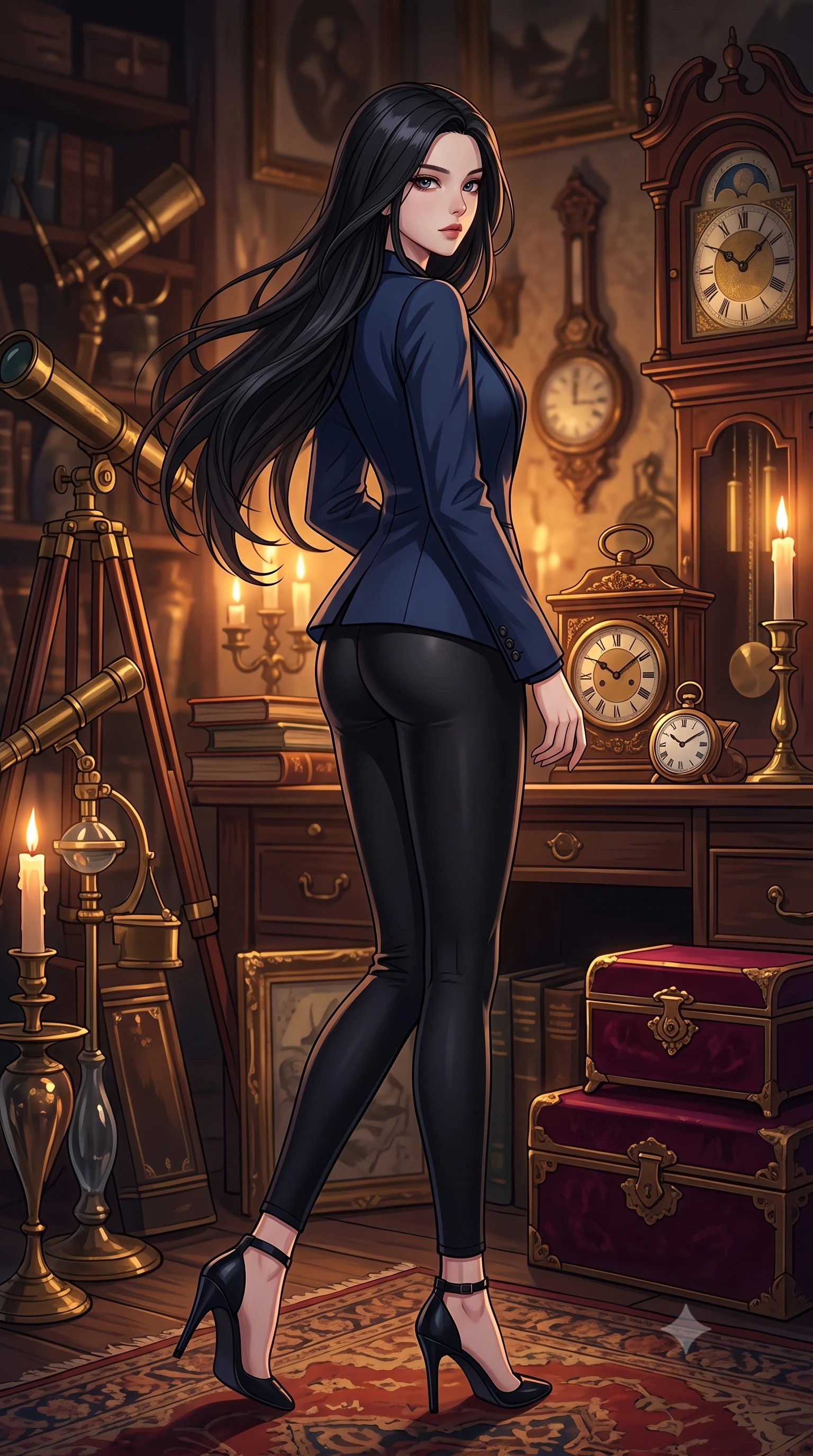 score_9, masterpiece, best quality, ultra-detailed, high-budget anime keyframe, tasteful artistic composition, Korean woman. low angle full-body shot from head to toe showing her feet, filling the entire 9:16 vertical frame with her statuesque presence, stretching her vertical silhouette. stepping gracefully while looking back over her shoulder, her dress draped tightly to reveal her silhouette the background shows a soft-focus an antique shop corner filled with vintage clocks, telescopes, and velvet boxes. She has an absolutely perfect, statuesque 8.5-heads proportion, an exceptionally tall and slender model-like female figure with impossibly long slender legs and an ultra-slim waist. sharp v-shaped jawline, high-bridge nose, intricate jewel-like eyes with depth, thick eyelashes, glossy lips with a natural sheen. wearing a body-hugging sleek tailored blazer in navy blue worn closed over a tight-fitting black bodysuit. warm candlelight casting dramatic shadows on the brass instruments. highly saturated vibrant anime colors, cel-shading, 2d style, master piece, 9:16 ratio