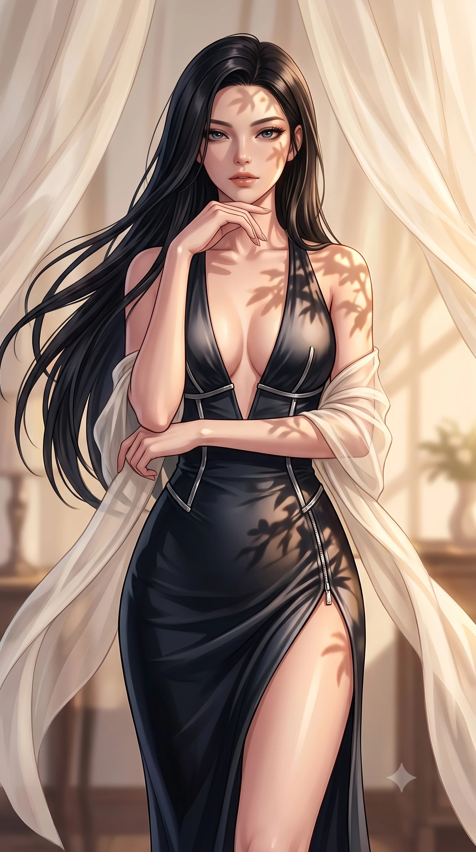 score_9, masterpiece, best quality, ultra-detailed, high-budget anime keyframe, editorial fashion photography, tasteful artistic composition, Korean woman. close-up cowboy shot from the waist and thighs up, the character dominates the composition, filling the frame with her large presence, background elements kept in soft focus. Resting her chin on the backs of her fingers with an air of effortless superiority, stepping gracefully under a sheer silk canopy fluttering in a gentle breeze, sheer ivory fabric gently wrapping around her slender athletic build. She has an exceptionally elegant, slender, and willowy female figure with an ultra-slim waist, a gracefully sculpted slender torso, and a refined silhouette. sharp v-shaped jawline, high-bridge nose, intricate jewel-like eyes with depth, thick eyelashes, glossy lips with a natural sheen. wearing deep plunging V-neckline midnight gown with daring high thigh slit in pitch-black onyx, made of liquid dark mercury jersey, finished with metallic silver boning and sleek zipper points, the fitted fabric emphasizing her ultra-slim waist. lit by golden-hour sunlight casting graceful organic leaf shadows. highly saturated vibrant anime colors, detailed shading with soft gradients, rich glossy textures, high-contrast stereoscopic depth, volumetric dynamic lighting, master piece, 9:16 ratio