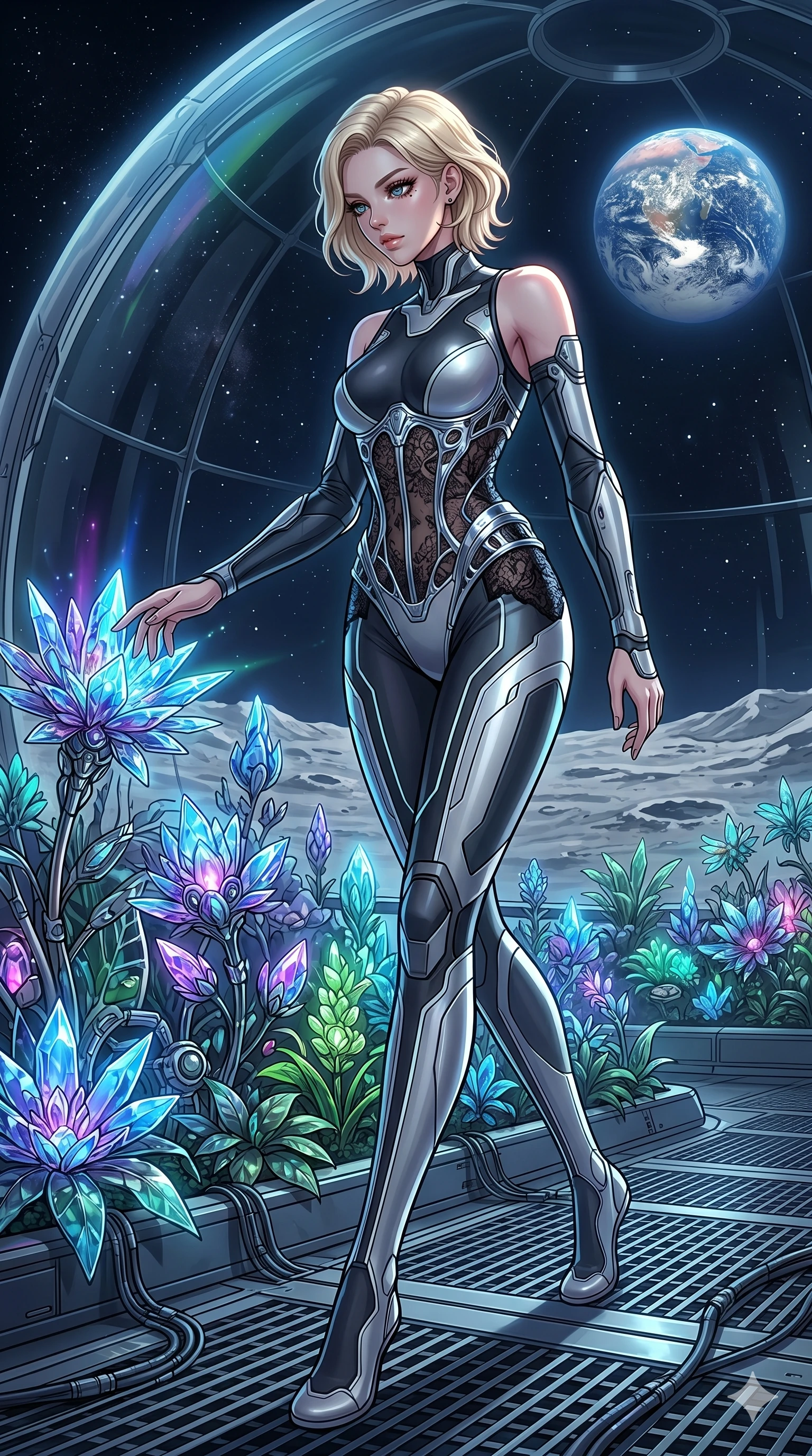 score_9, masterpiece, best quality, ultra-detailed, high-budget anime movie keyframe, cinematic anime lighting, intricate line art, Japanese woman. Dynamic full-body shot stretching the vertical silhouette with extreme perspective. inspecting a garden of bioluminescent mechanical plants in a lunar dome. She has an absolutely perfect 8-heads proportion, an exceptionally tall and slender female figure with graceful and slender proportions. strictly human anatomy, two legs only, no extra limbs, clearly defined legs and arms, perfect anatomy, perfect hands and fingers. sharp v-shaped jawline, high-bridge nose, intricate jewel-like eyes, thick eyelashes, glossy lips. Wearing Cyber-Tech Legacy: Asymmetrical sleek tech-bodysuit with detached sleeves and chrome-plated corset over sheer lace. The scene is illuminated by dramatic atmospheric lighting and vibrant color palettes. , 2k, ultra detail, master piece, 9:16 ratio