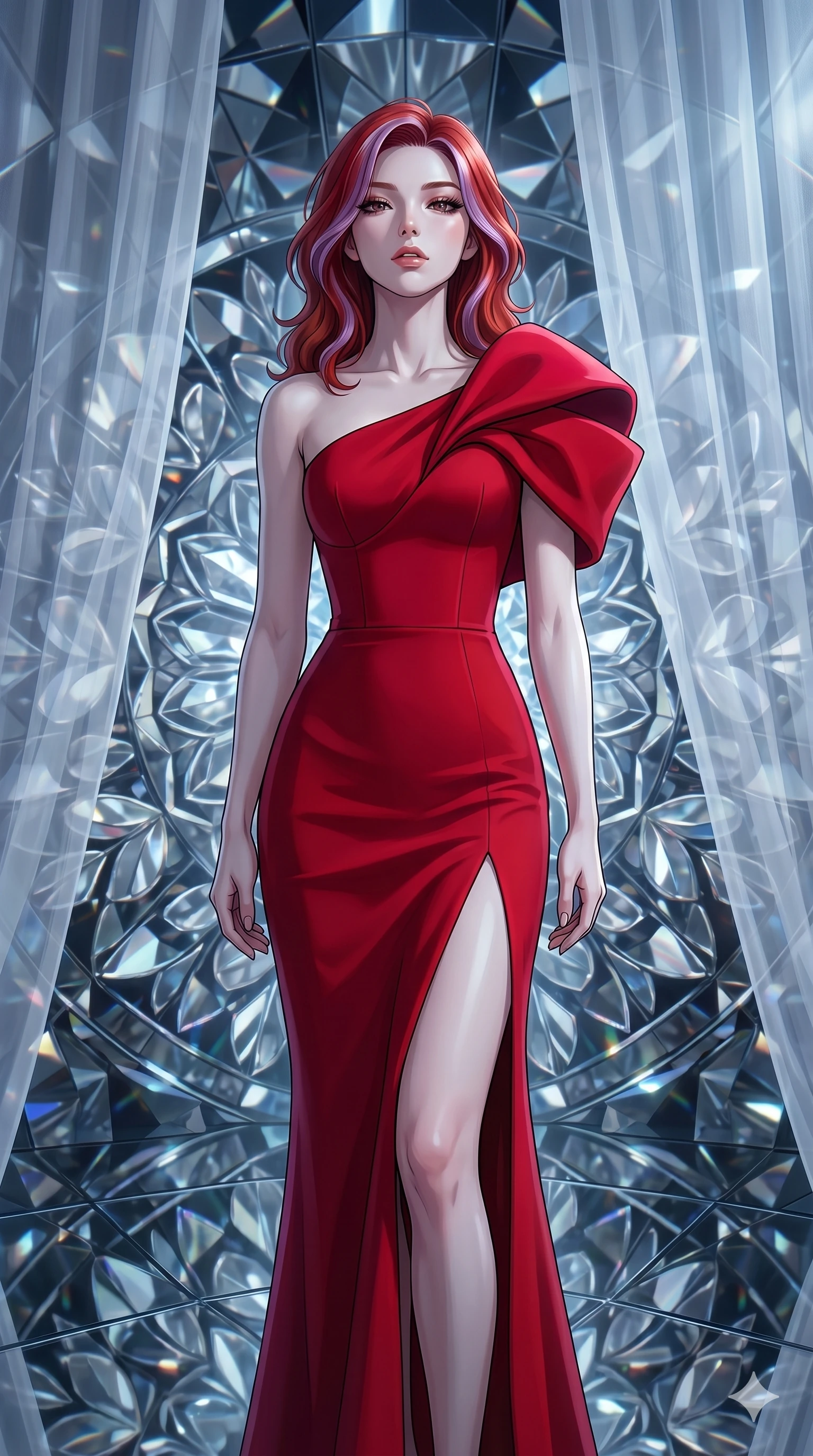 score_9, masterpiece, best quality, ultra-detailed, high-budget anime keyframe, editorial fashion photography, tasteful artistic composition, Japanese woman. cowboy shot from the thighs up, character and outfit filling the frame for maximum editorial presence. Tilting her chin up slightly with lips parted in a composed expression within a rotating kaleidoscope chamber where mirrored petals form endlessly shifting mandalas. She has an absolutely perfect 8-heads proportion, an exceptionally tall and slender female figure with impossibly long slender legs and an ultra-slim waist. V-shaped jawline, high-bridge nose, intricate jewel-like eyes with depth, thick eyelashes, glossy lips with a natural sheen. wearing a scarlet red crepe floor-length one-shoulder gown with a structured fitted bodice, a bold side slit ascending to mid-thigh, and dramatic architectural volume at the shoulder. bathed in cold silver moonlight filtered through translucent gossamer curtains casting soft shadows on her curves. 2k, ultra detail, master piece, 9:16 ratio