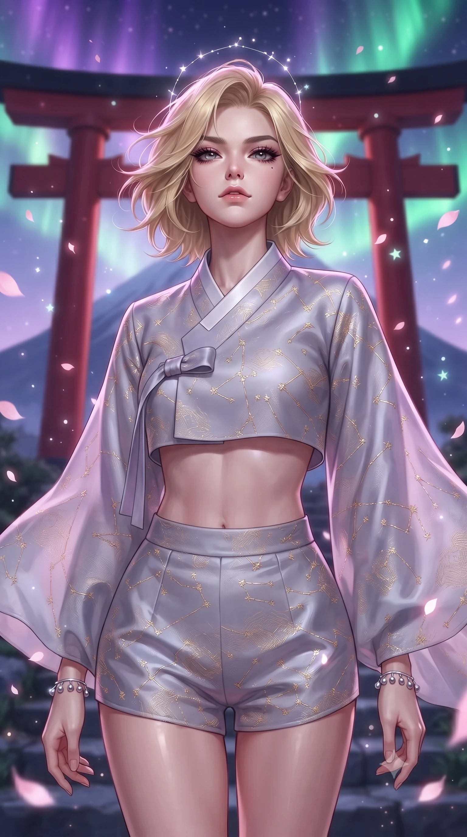 score_9, masterpiece, best quality, ultra-detailed, high-budget anime keyframe, editorial fashion photography, tasteful artistic composition, Caucasian woman. close-up cowboy shot from the waist and thighs up, the character dominates the composition, filling the frame with her large presence. tilting her chin up with proud, sovereign confidence while gazing directly into the lens with thick, dark eyelashes while standing atop a mountain shrine ridge framed by a colossal vermilion torii gate under a dancing violet and emerald aurora. The composition keeps background elements in soft focus with creamy bokeh. drifting sakura petals and floating star particles scattering magical glowing light motes. She has an exceptionally elegant, slender, and willowy female figure with an ultra-slim waist, a gracefully sculpted slender torso, toned flat midriff, and a refined slim silhouette. sharp v-shaped jawline, high-bridge nose, intricate jewel-like eyes with depth, thick eyelashes, glossy lips with a natural sheen, captivating and magnetic expression, flawlessly proportioned anatomical accuracy, strict slender model proportions, natural body alignment, perfectly sculpted long slender limbs, ultra-slim waistline, clean dynamic posture without body distortion. wearing a modern shortened cyber-hanbok crop top with wide billowing sleeves and high-waist silk shorts in moonlit silver and lavender mist, woven from lightweight fluid silk brocade with woven gold thread, accented with dainty silver ankle bells and a glowing constellation circlet, the precision-cut daring openings accentuating her delicate midriff, graceful bare collarbones, and ultra-slim feminine waistline. surrounded by a divine, mystical, and spiritually transcendent shrine maiden sovereign aura. ultra-reflective glossy finish, specular highlights, rich textural contrasts, high-contrast stereoscopic depth, volumetric dynamic lighting, 2k, ultra detail, master piece, 9:16 ratio
