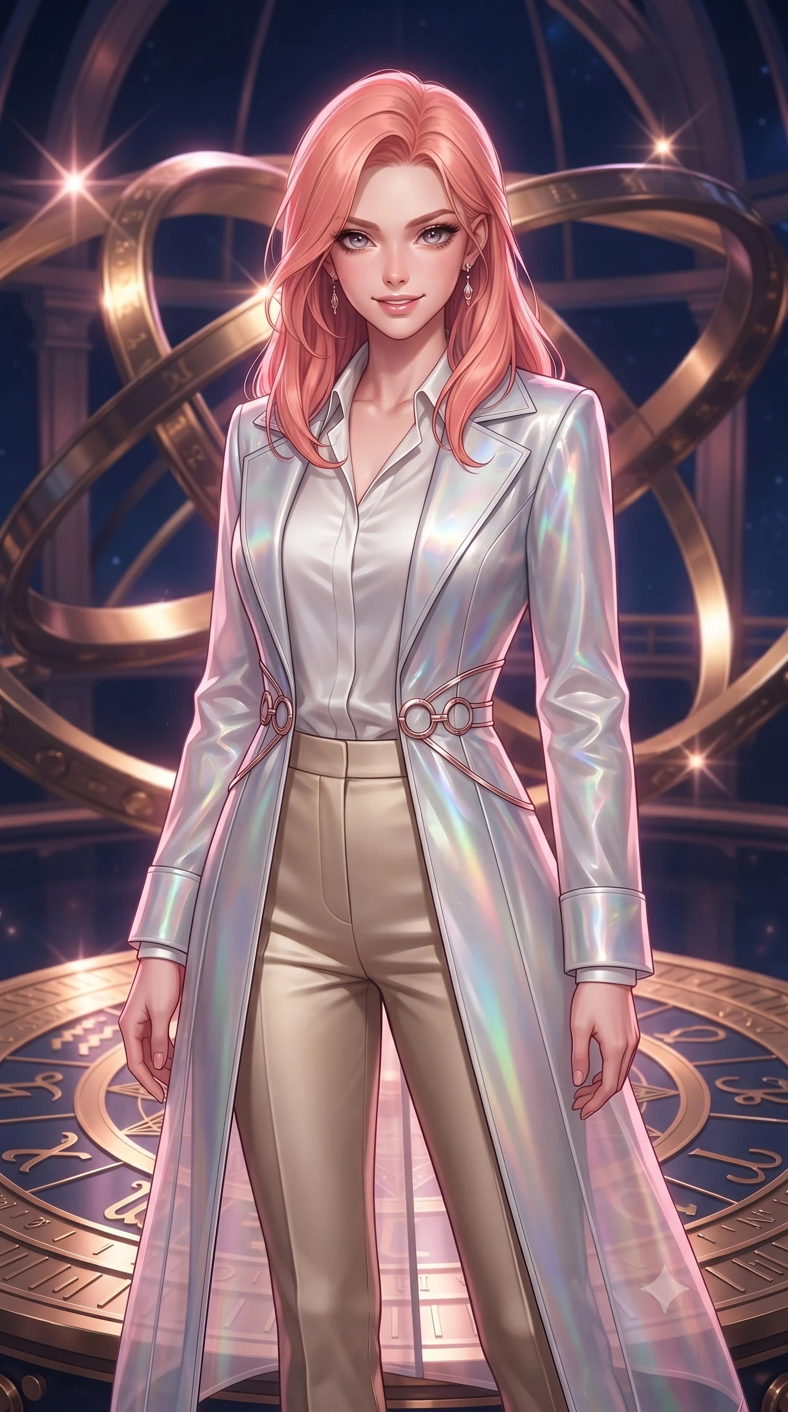 score_9, masterpiece, best quality, ultra-detailed, high-budget anime keyframe, editorial fashion photography, tasteful artistic composition, Japanese woman. close-up cowboy shot from the waist and thighs up, the character dominates the composition, filling the frame with her large presence, background elements kept in soft focus. Smiling with quiet, magnetic self-assurance directly into the camera, standing on a massive rotating gold zodiac ring dial inside a sky observatory, polished gold and brass armillary rings with sharp specular glints. She has an exceptionally elegant, slender, and willowy female figure with an ultra-slim waist, a gracefully sculpted slender torso, and a refined silhouette. sharp v-shaped jawline, high-bridge nose, intricate jewel-like eyes with depth, thick eyelashes, glossy lips with a natural sheen. wearing structured platinum leather long coat over white silk blouse and tailored slacks in champagne gold, made of iridescent hologram organza, trimmed with rose-gold ring hardware along the waist contours, sculpting her athletic slender build with refined precision. bathed in radiant cosmic pink and deep navy blue ambient light. ultra-reflective glossy finish, specular highlights, metallic sheen, high-contrast stereoscopic depth, volumetric dynamic lighting, 2k, ultra detail, master piece, 9:16 ratio