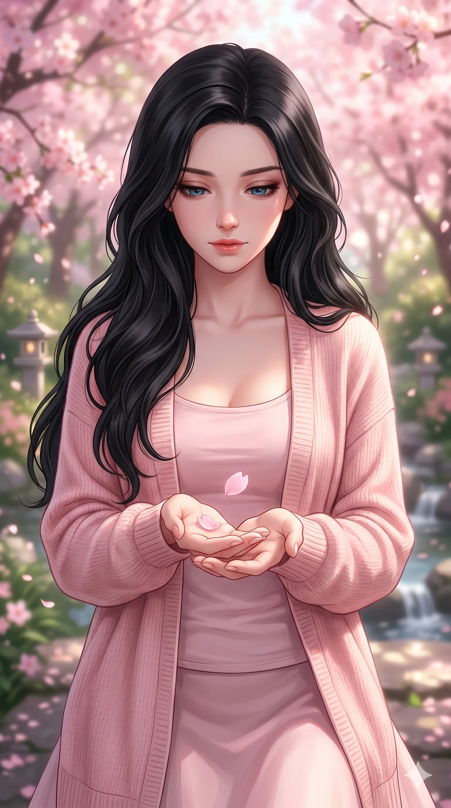 score_9, score_8_up, score_7_up, source_anime, masterpiece, best quality, ultra-detailed, same character with long flowing black hair, wearing a light pink cardigan, upper body close-up from thigh up filling the screen, catching a falling cherry blossom petal in her palm, soft pink lighting, dreamy garden background, 2k, 9:16 ratio