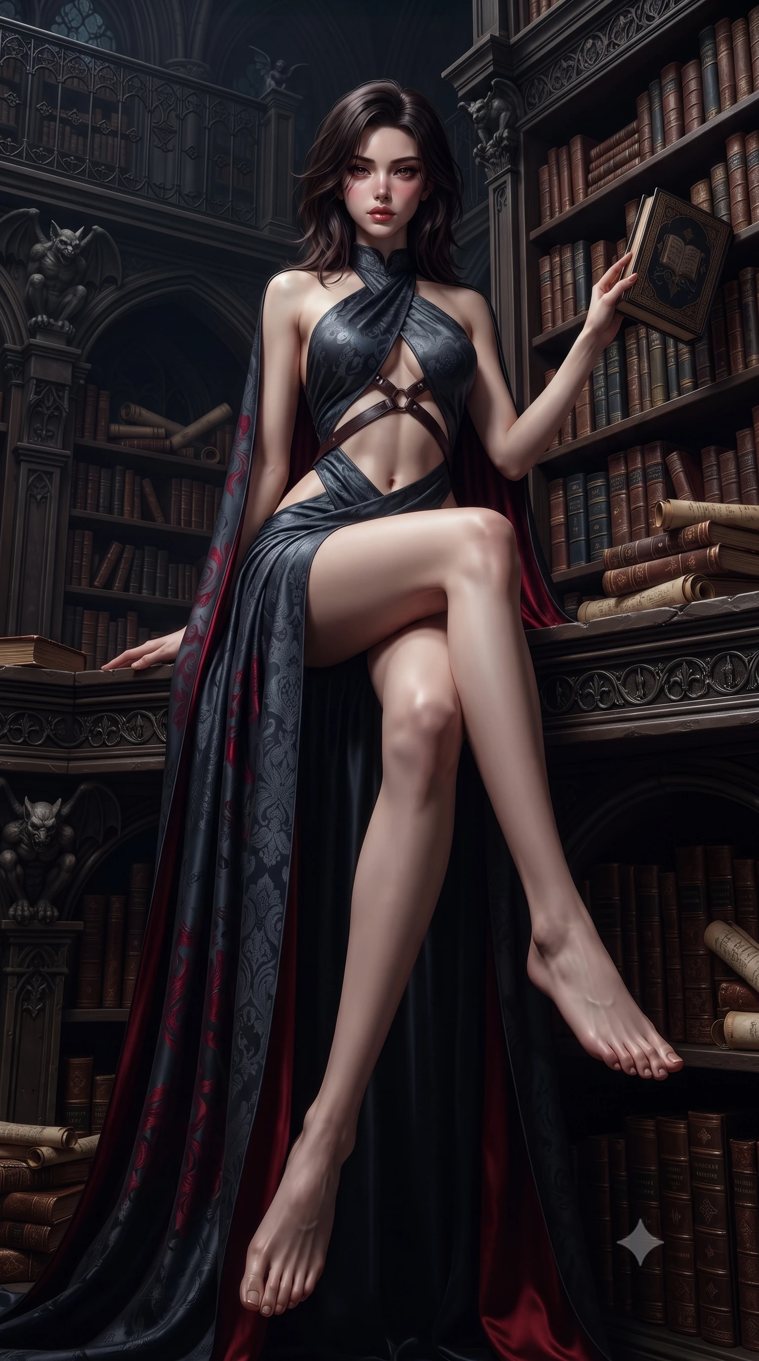 score_9, masterpiece, best quality, ultra-detailed, high-budget anime keyframe, editorial fashion photography, tasteful artistic composition, Korean woman. low angle full-body shot from head to toe showing her feet, filling the entire 9:16 vertical frame with her statuesque presence, stretching her vertical silhouette. sitting poised on the elevated edge with legs crossed and extended, her tall 8.5-heads proportions dominating the scene with effortless poise while stretching her slender torso in an alluring S-curve while browsing ancient grimoires on towering gothic library shelves. The surrounding environment is rendered in vivid detail and crisp panoramic clarity. deep moody chiaroscuro and decadent Victorian vampire sanctuary aesthetics captured with precision. She has an absolutely perfect, statuesque 8.5-heads proportion, an exceptionally tall and slender model-like female figure with impossibly long slender legs, a toned flat midriff, and an ultra-slim waist. sharp v-shaped jawline, high-bridge nose, intricate jewel-like eyes with depth, thick eyelashes, glossy parted lips with a natural sheen, intensely captivating and seductive expression, flawlessly proportioned anatomical accuracy, strict slender model proportions, natural body alignment, perfectly sculpted long slender limbs, ultra-slim waistline, clean dynamic posture without body distortion. wearing a gothic siren halter-neck dress with dramatic diagonal torso cutouts and a trailing floor-length silk cape in midnight slate and deep scarlet accents, made of rich textured jacquard silk with baroque gold thread, featuring an open-back criss-cross harness strap in dark leather, the form-contouring material adhering flawlessly to her sculpted flat midriff and slender torso, emphasizing her long leg lines and perfectly proportioned willowy build. surrounded by an opulent, intimate, and irresistibly hypnotic dark romance aura. ultra-reflective glossy finish, specular highlights, rich textural contrasts, high-contrast stereoscopic depth, volumetric dynamic lighting, 2k, ultra detail, master piece, 9:16 ratio