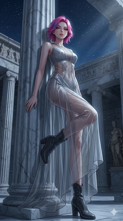 score_9, masterpiece, best quality, ultra-detailed, High-budget Anime Keyframe, East Asian woman. Low angle cowboy shot filling the entire 9:16 frame with her statuesque presence. Scenario 173: Leaning against a cold marble pillar in a moonlit greek 